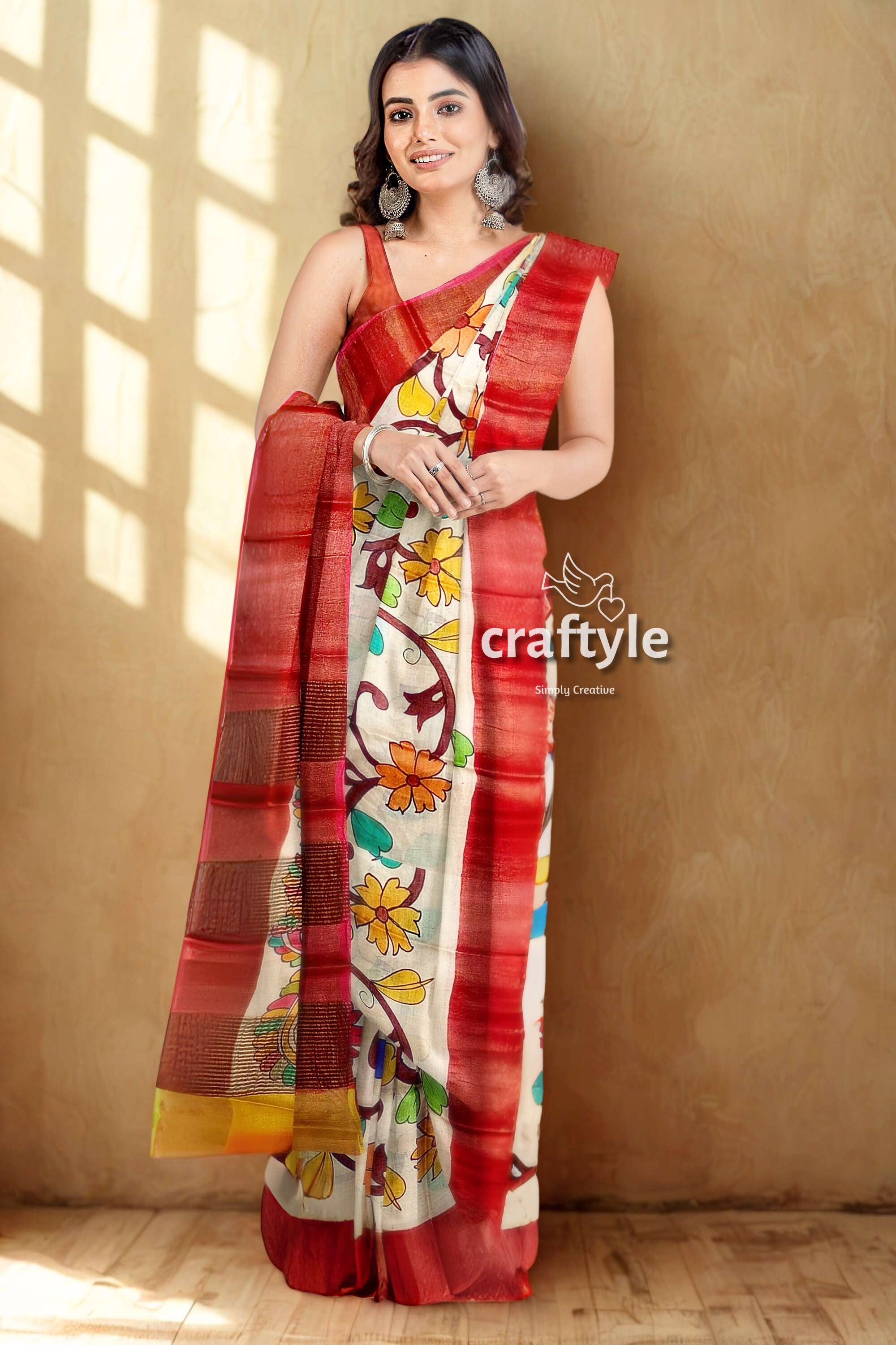 Hand Painted Floral Tussar Kalamkari Saree with Zari Border - Pure Tussar Silk
