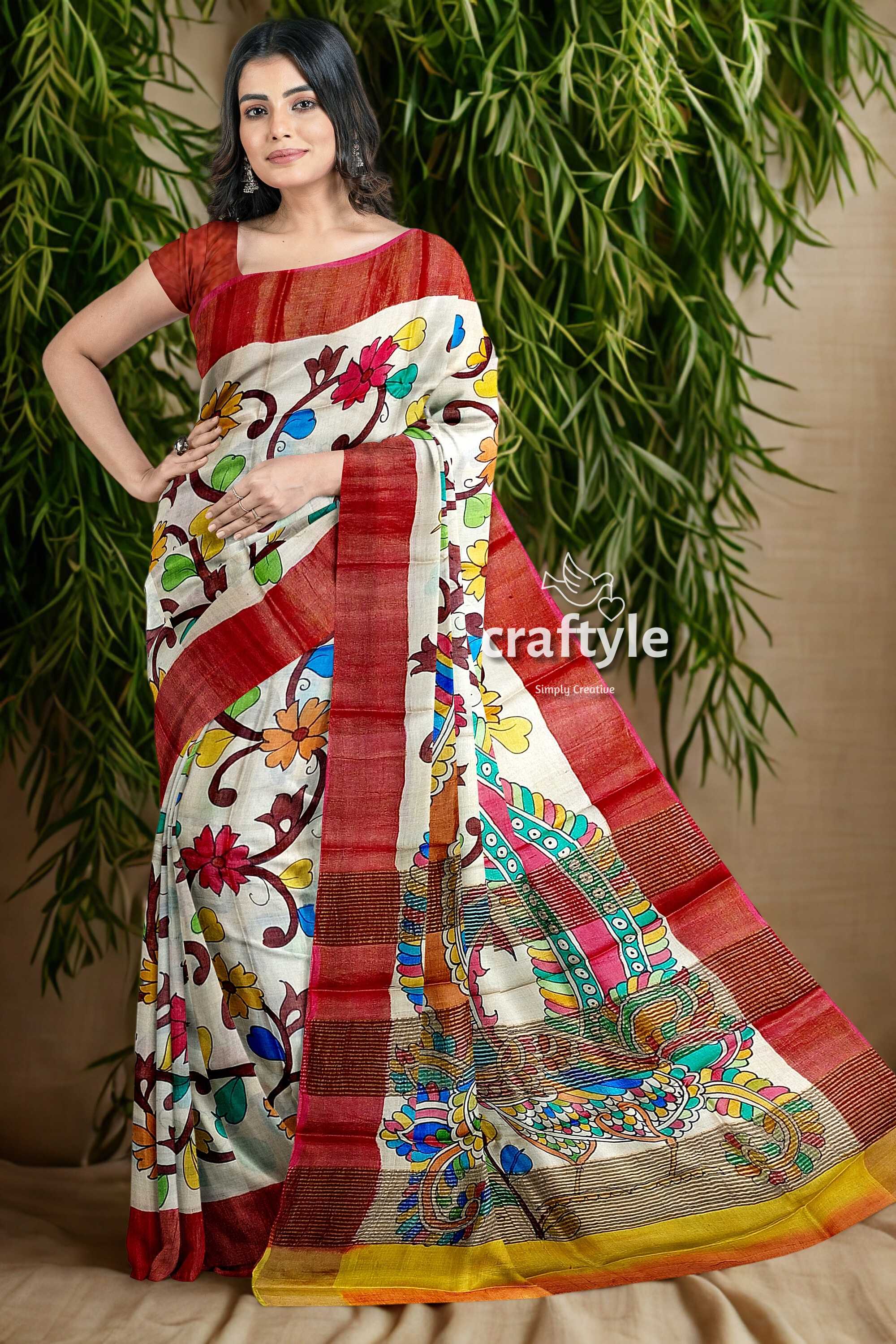Hand Painted Floral Tussar Kalamkari Saree with Zari Border - Pure Tussar Silk