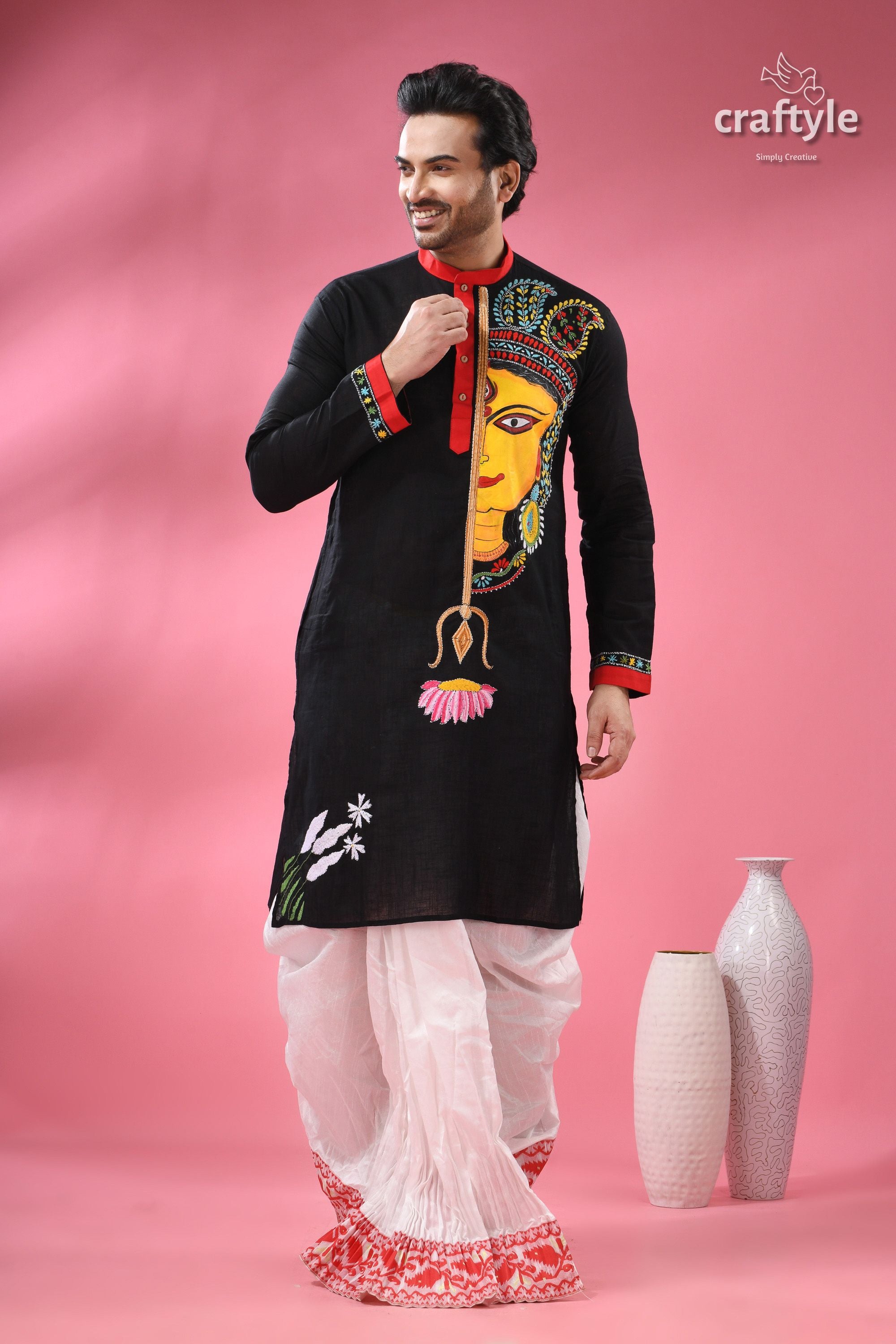 Kantha Stitched Hand Painted Ma Durga Cotton Punjabi for Men