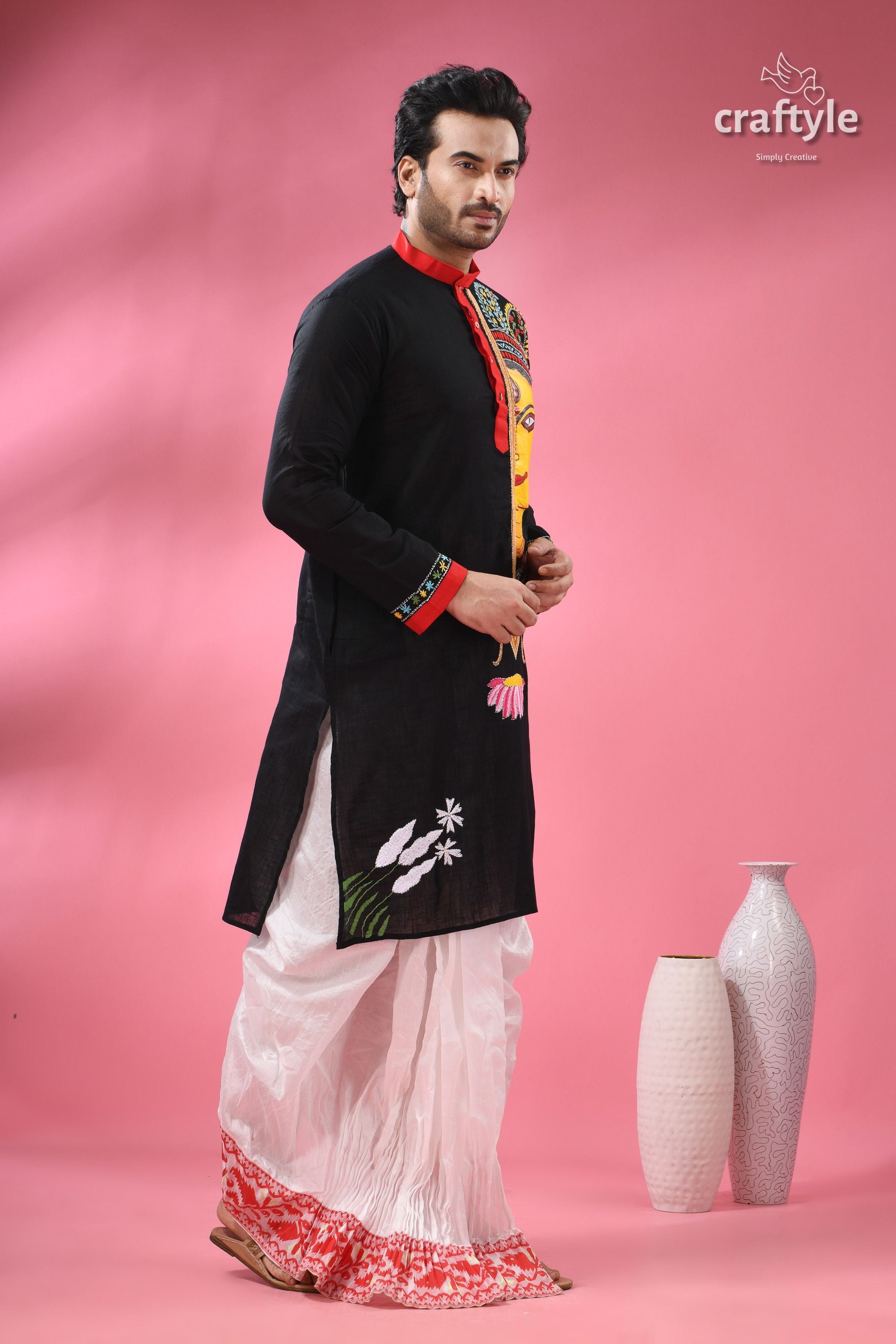 Kantha Stitched Hand Painted Ma Durga Cotton Punjabi for Men