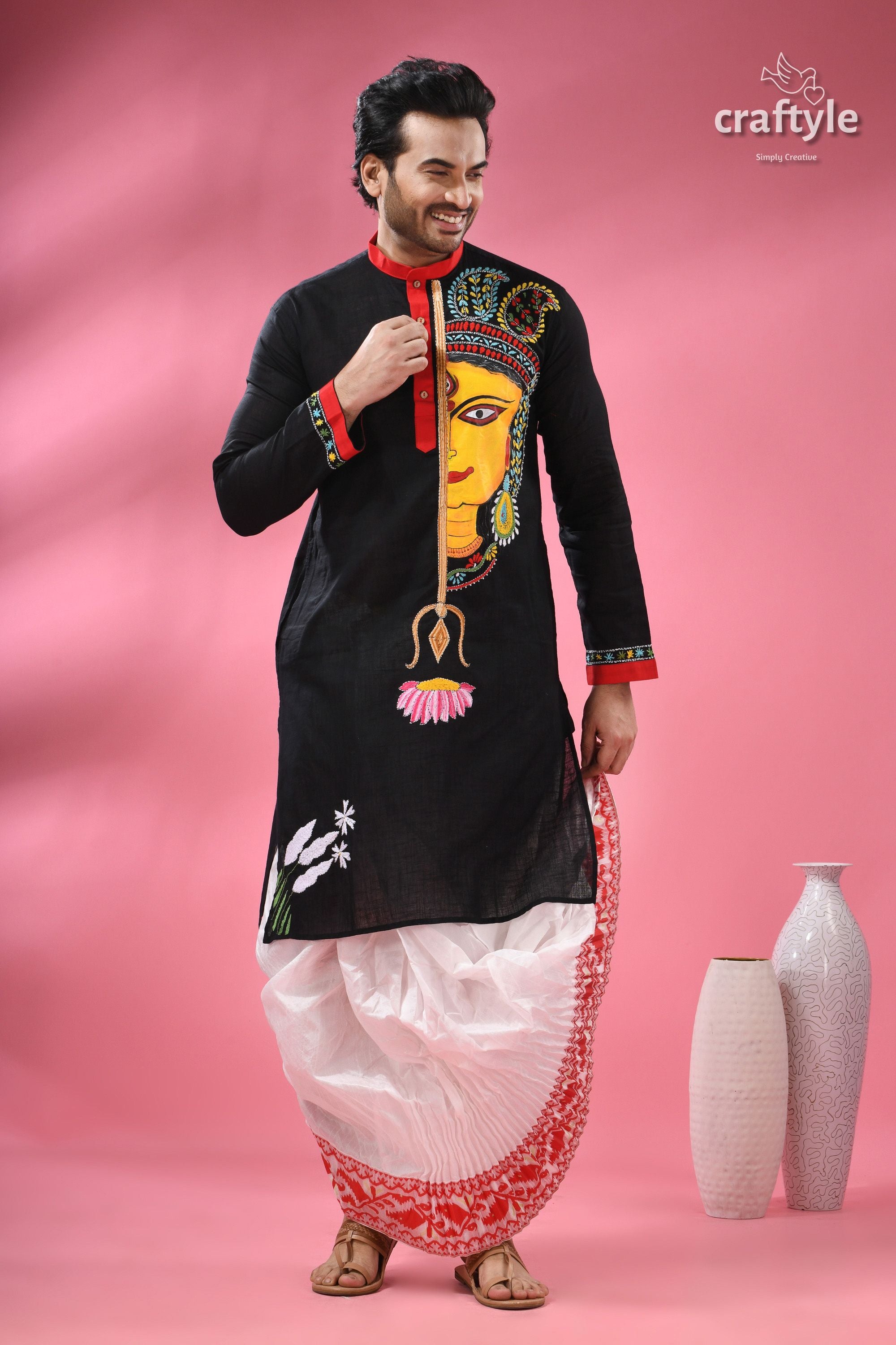 Kantha Stitched Hand Painted Ma Durga Cotton Punjabi for Men