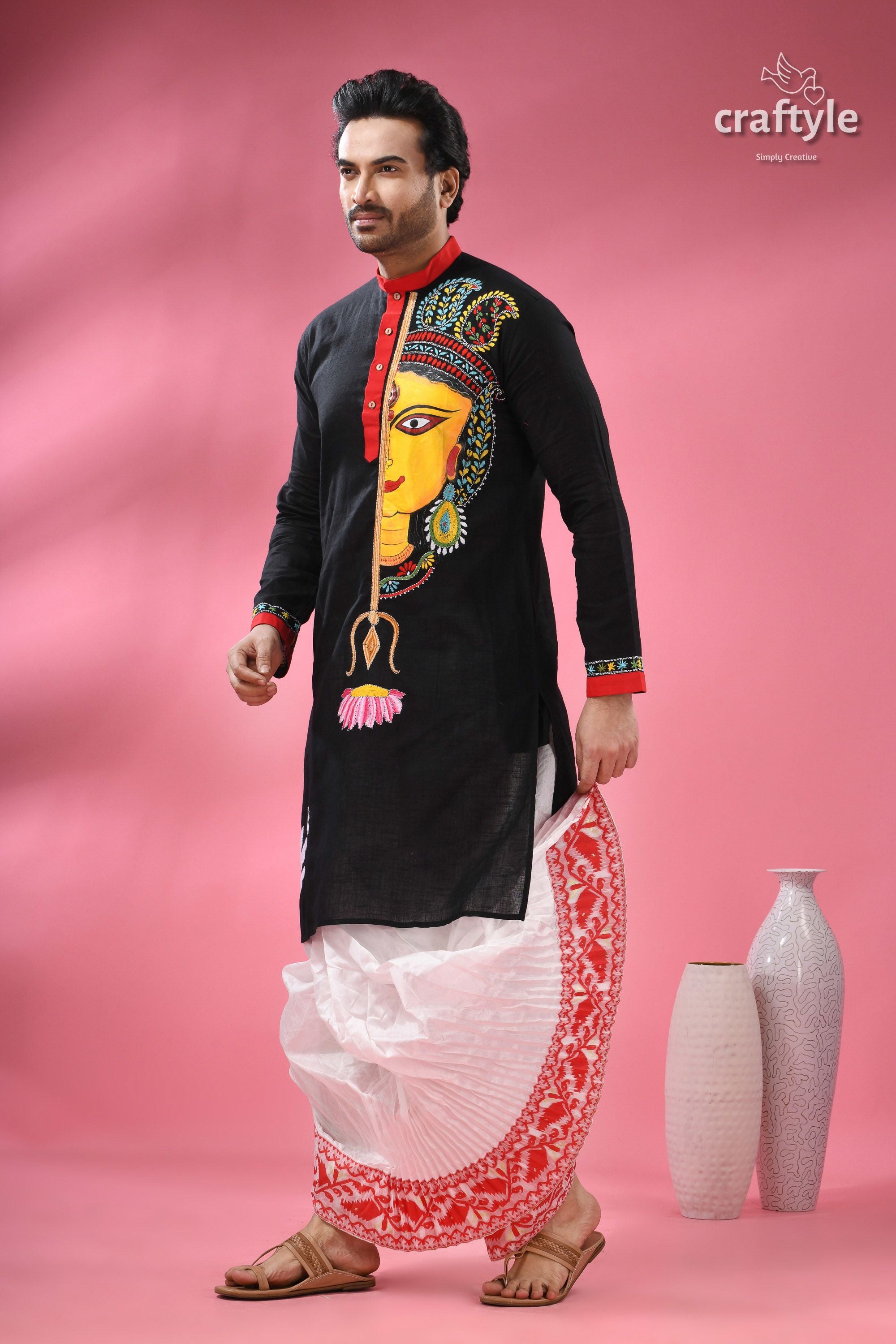 Kantha Stitched Hand Painted Ma Durga Cotton Punjabi for Men