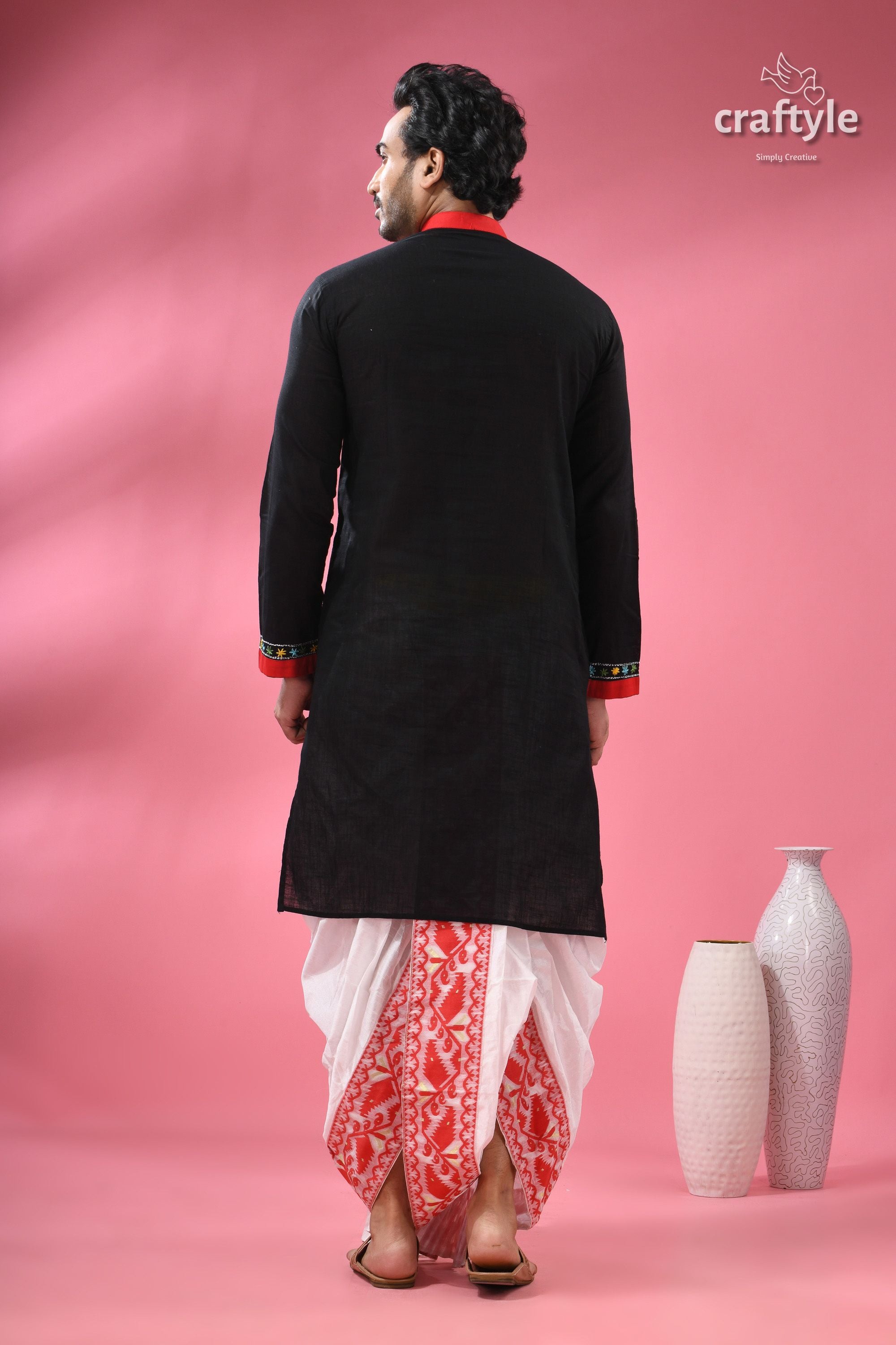Kantha Stitched Hand Painted Ma Durga Cotton Punjabi for Men