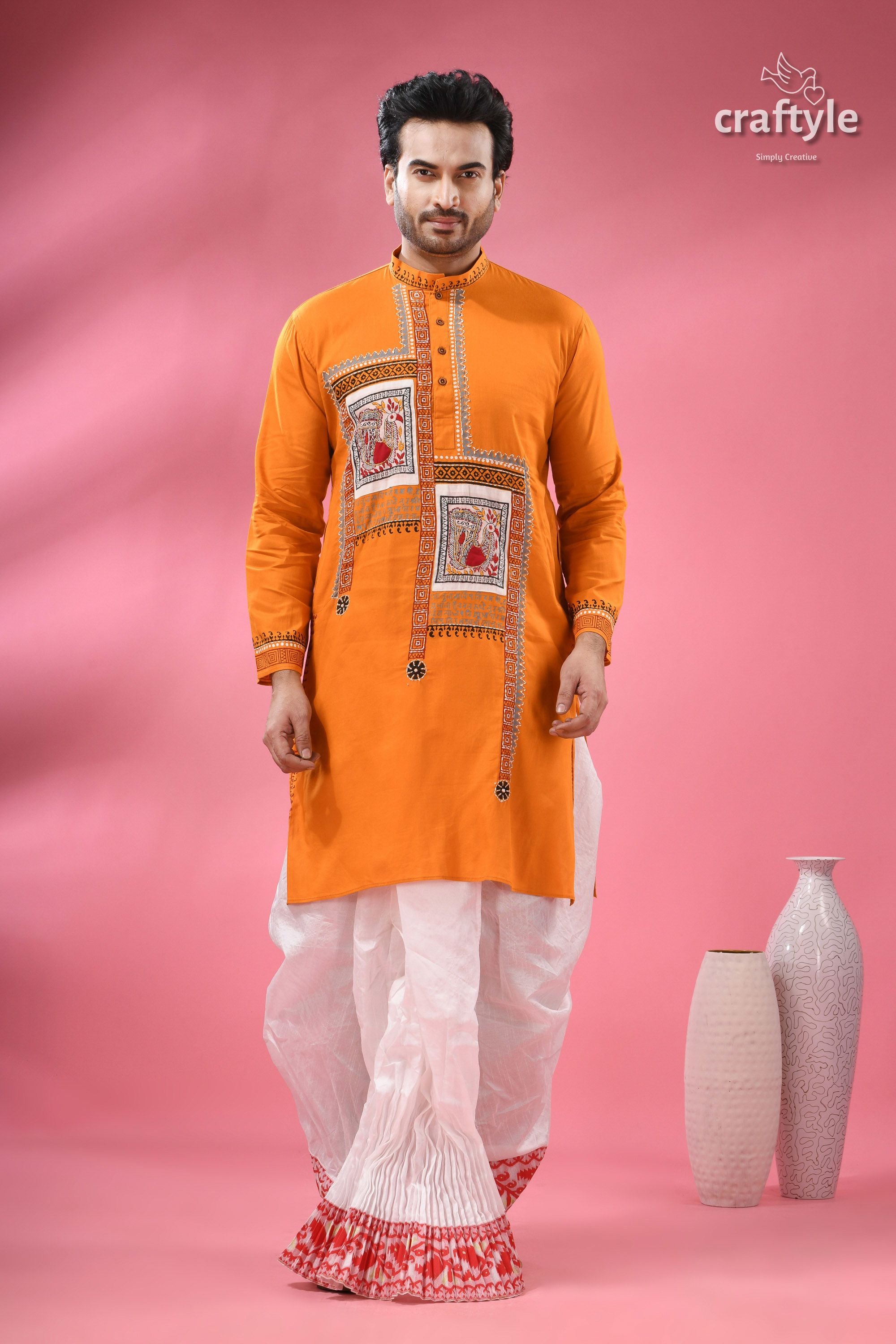 Hand Block Printed Cotton Panjabi for Men - Applique with Embroidery