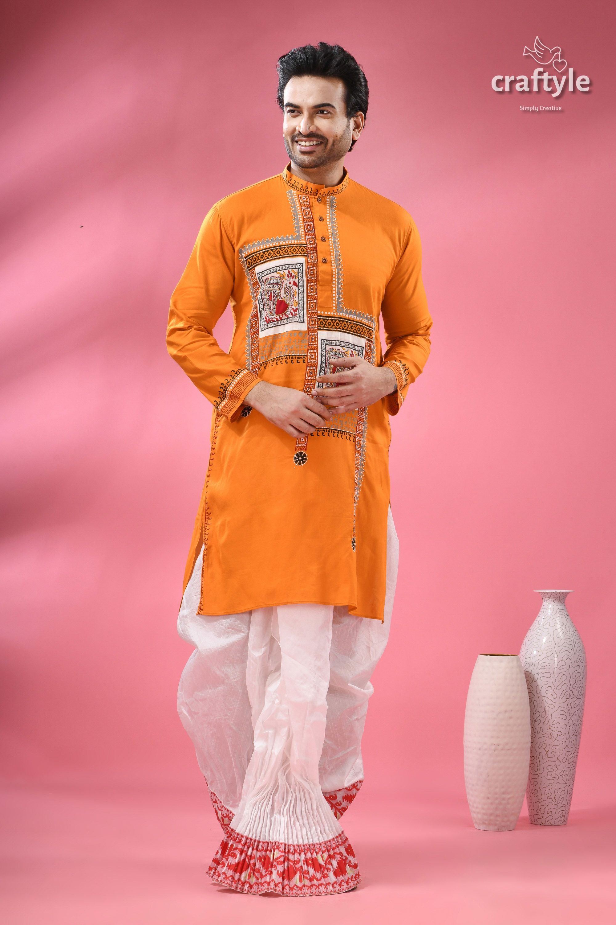 Hand Block Printed Cotton Panjabi for Men - Applique with Embroidery