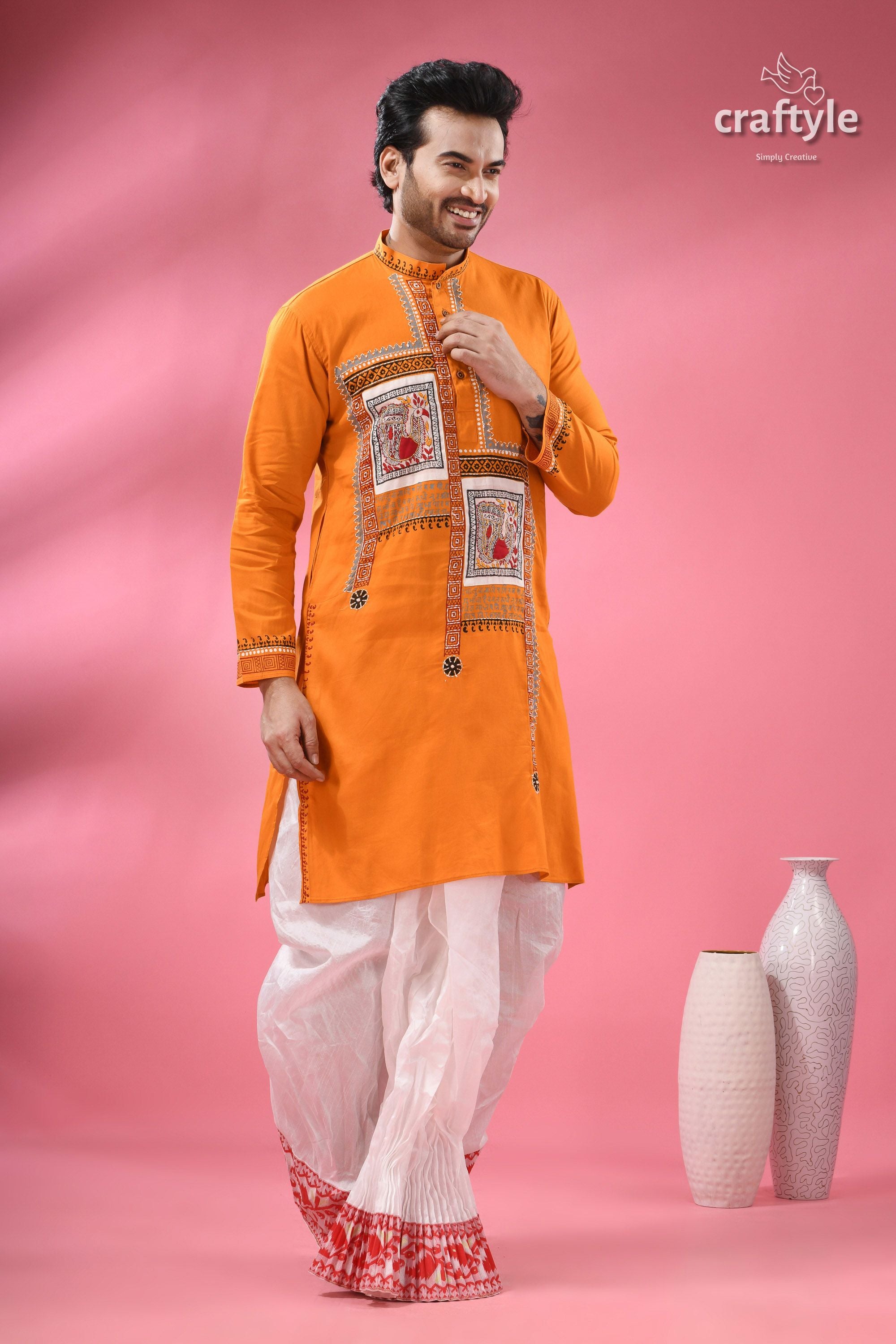 Hand Block Printed Cotton Panjabi for Men - Applique with Embroidery