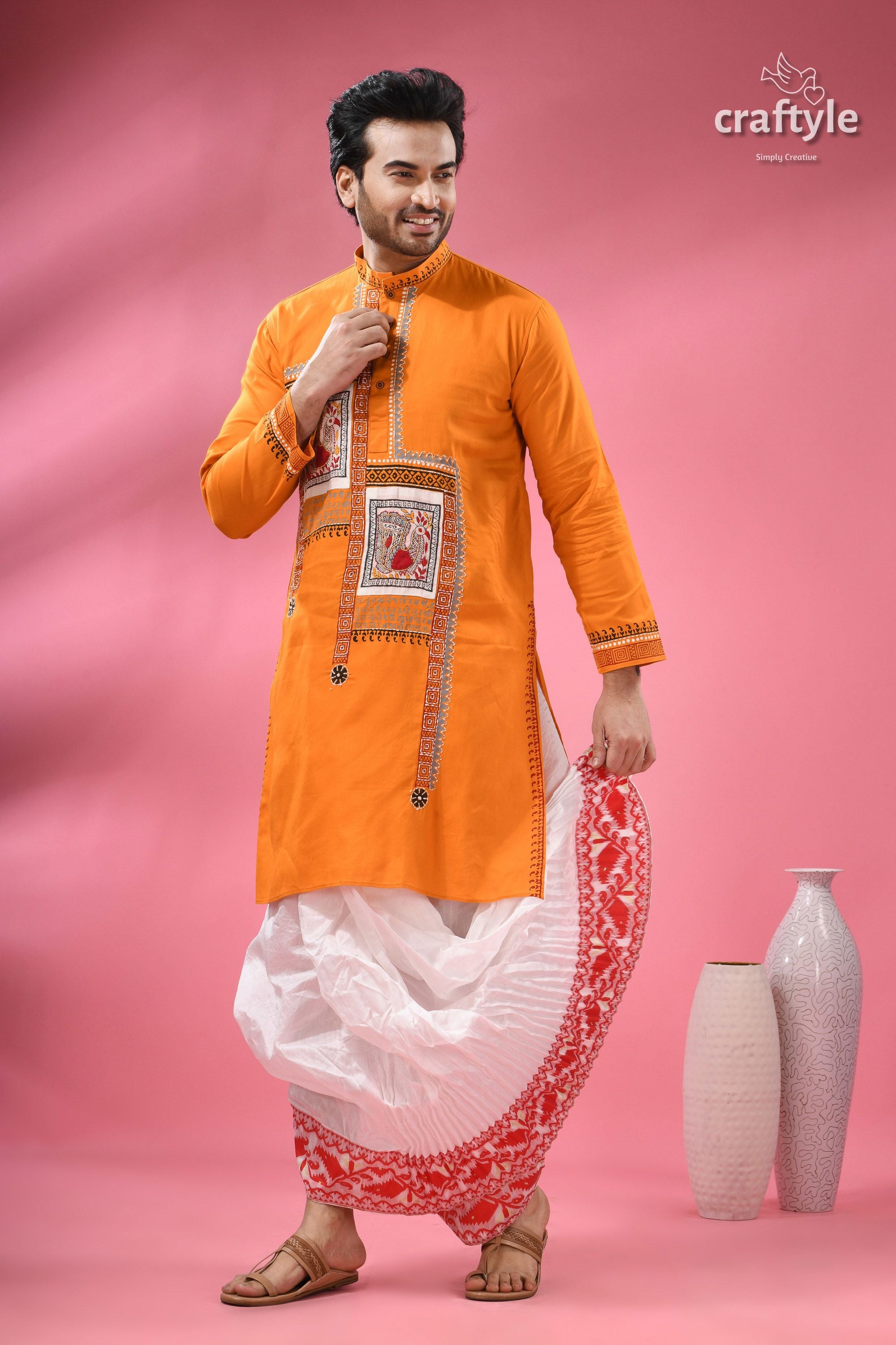Hand Block Printed Cotton Panjabi for Men - Applique with Embroidery