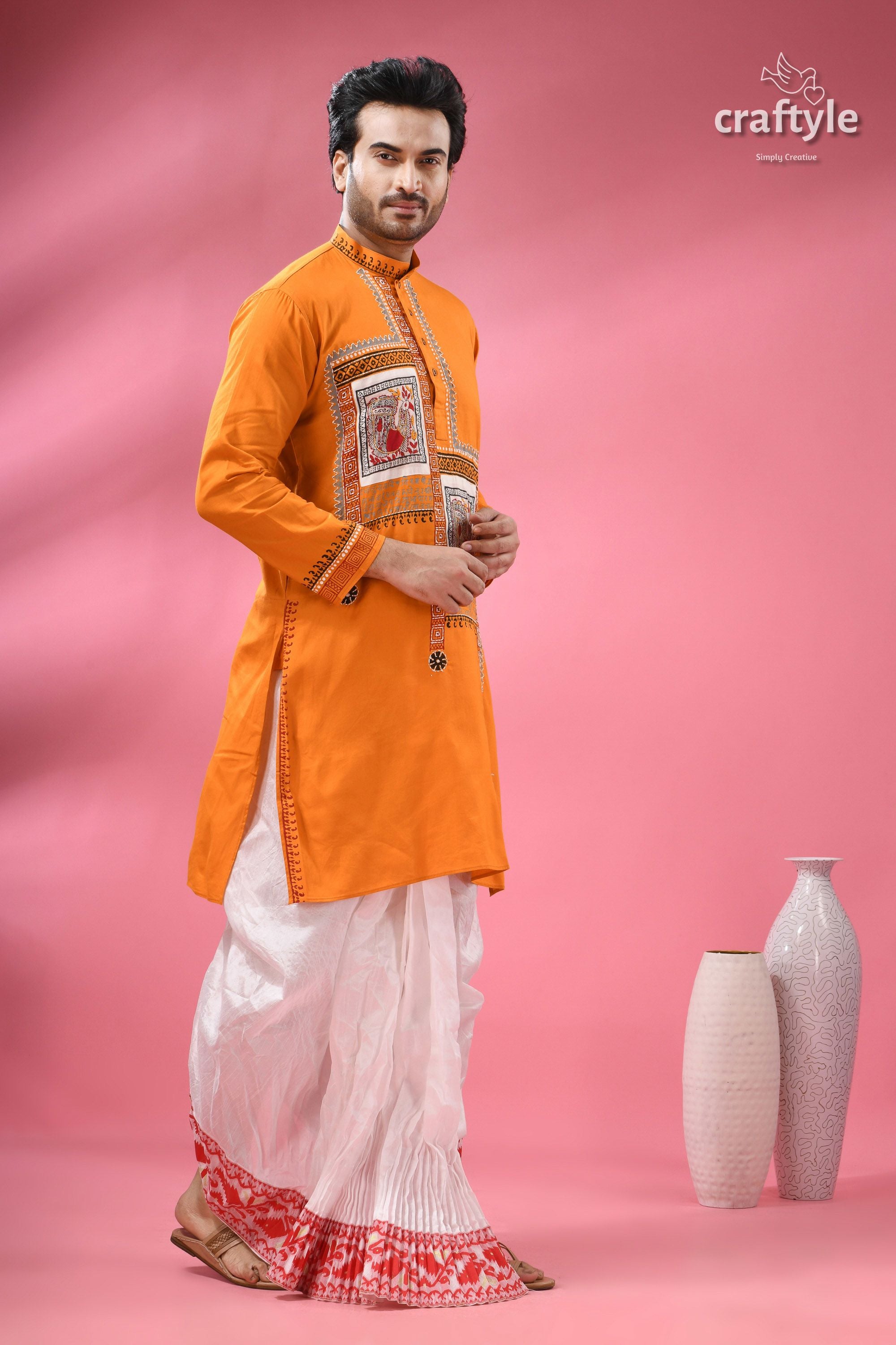 Hand Block Printed Cotton Panjabi for Men - Applique with Embroidery