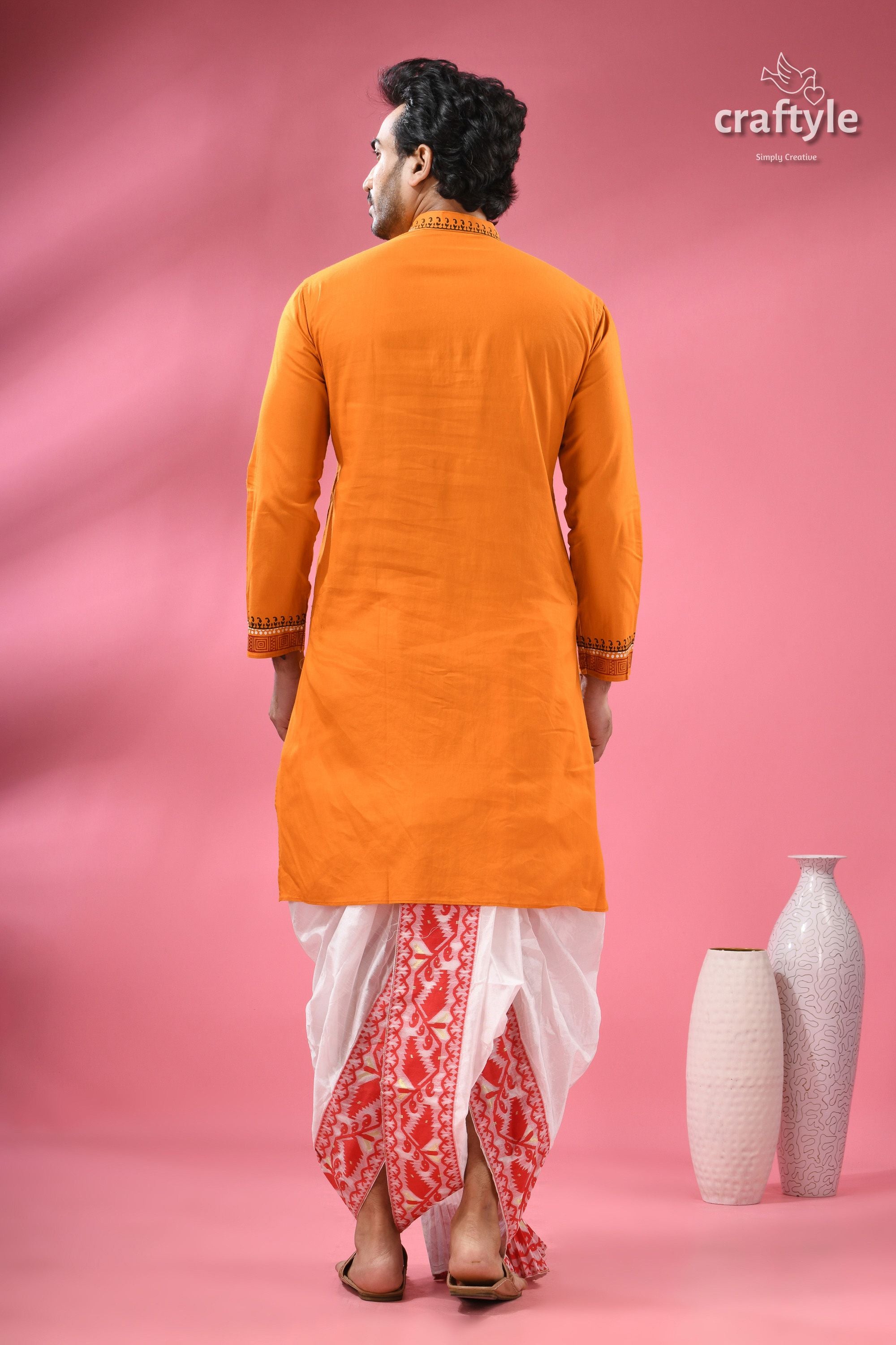Hand Block Printed Cotton Panjabi for Men - Applique with Embroidery