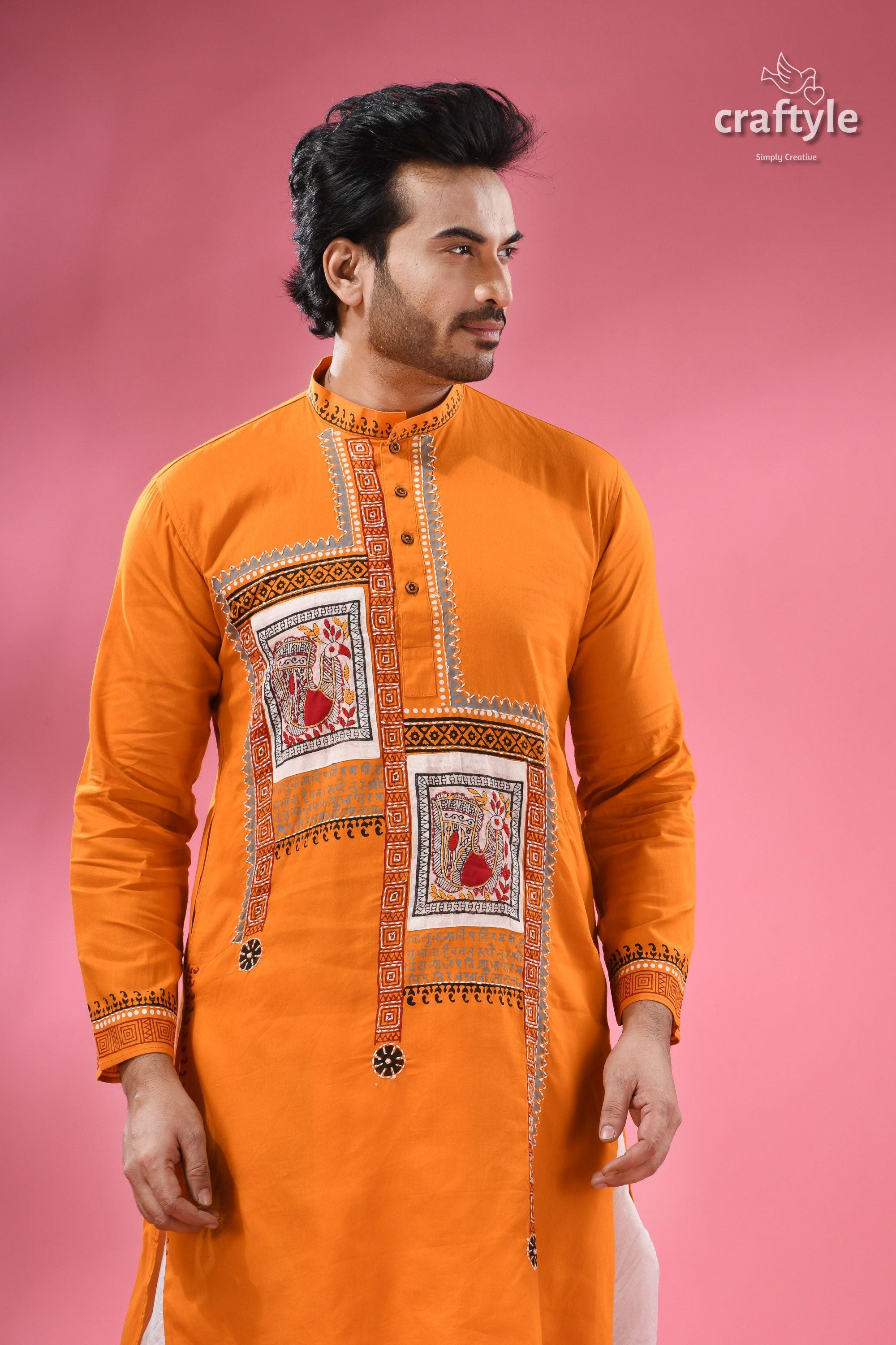 Hand Block Printed Cotton Panjabi for Men - Applique with Embroidery