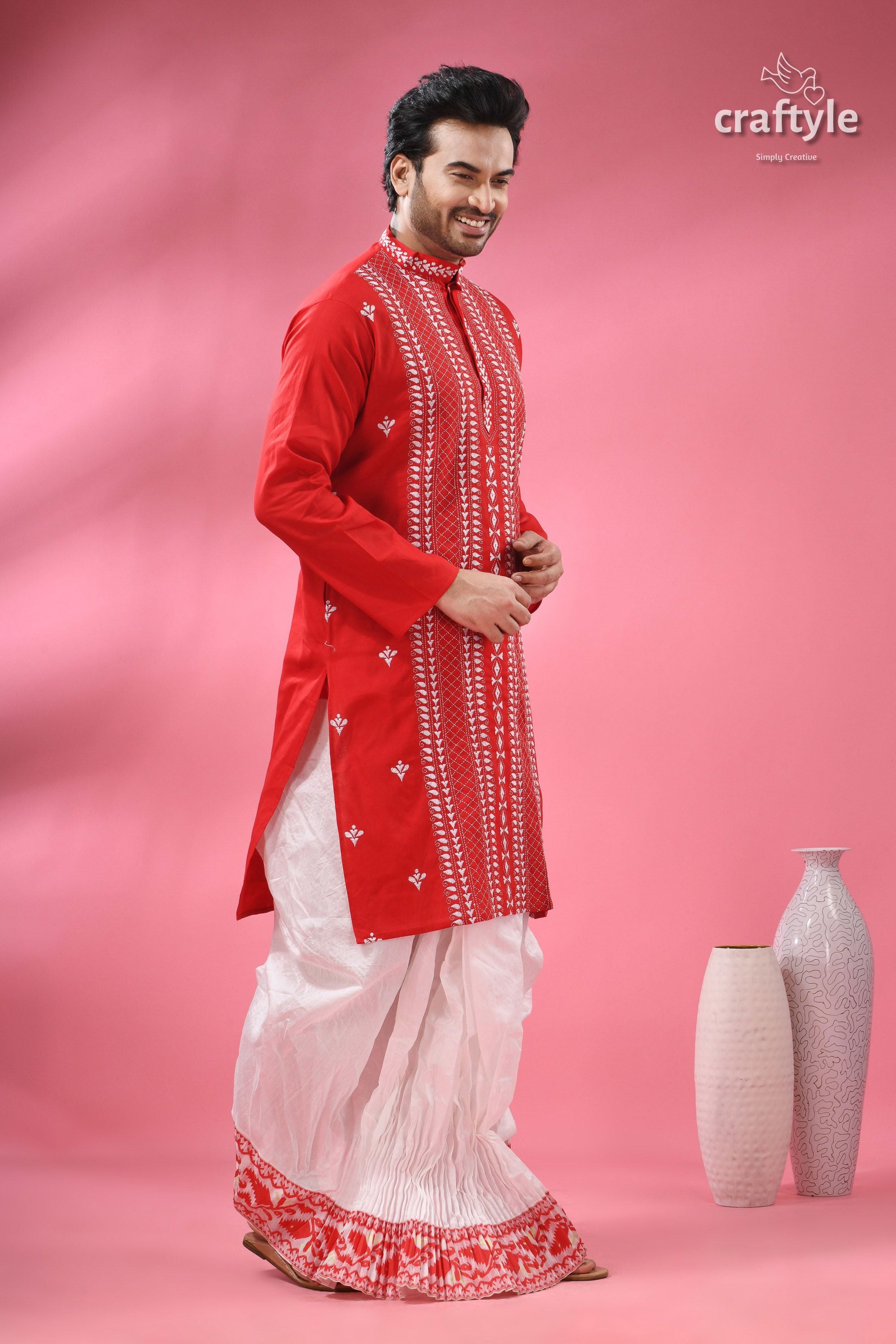 Crimson Red Kantha Stitch Cotton Kurta for Men