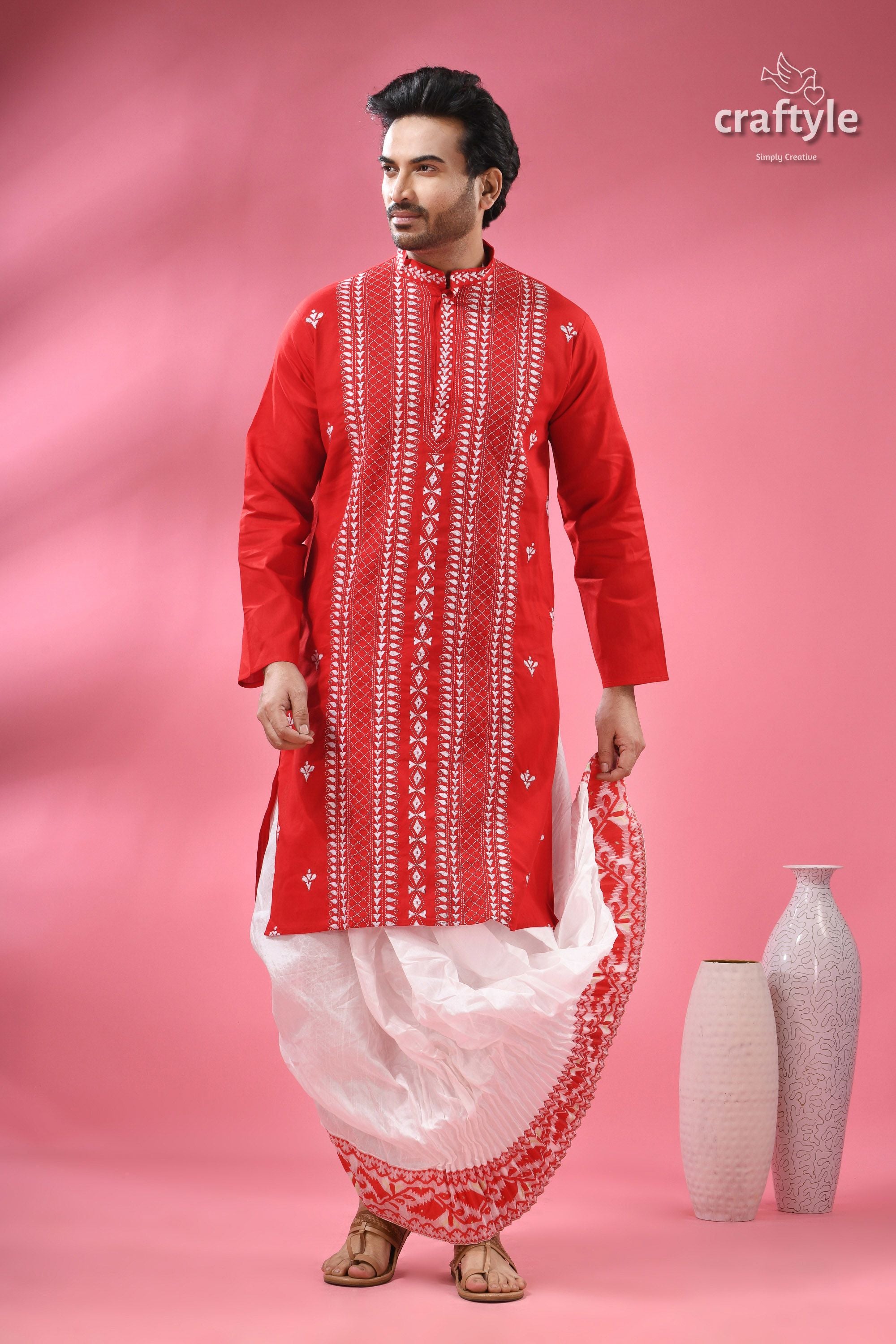 Crimson Red Kantha Stitch Cotton Kurta for Men