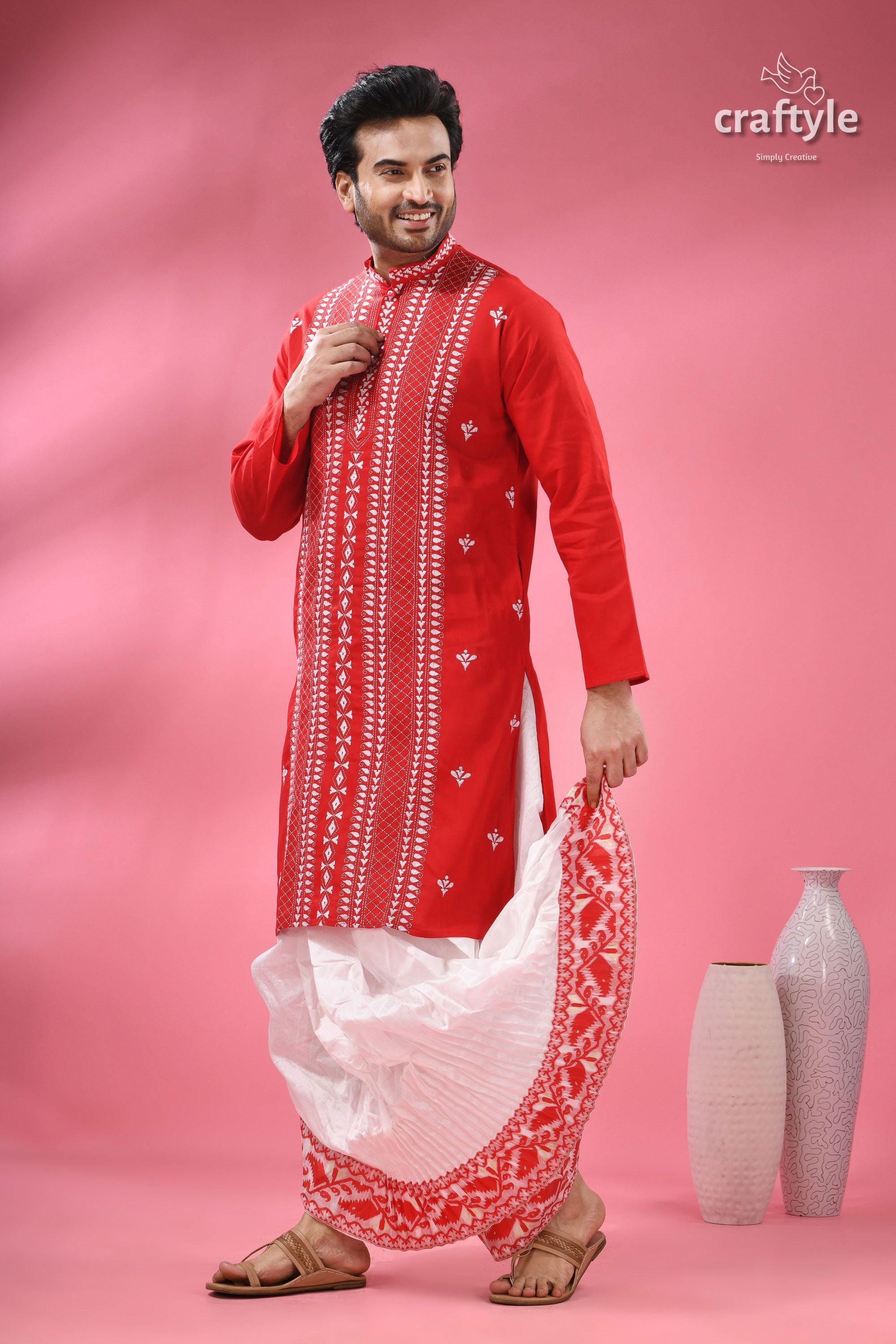 Crimson Red Kantha Stitch Cotton Kurta for Men