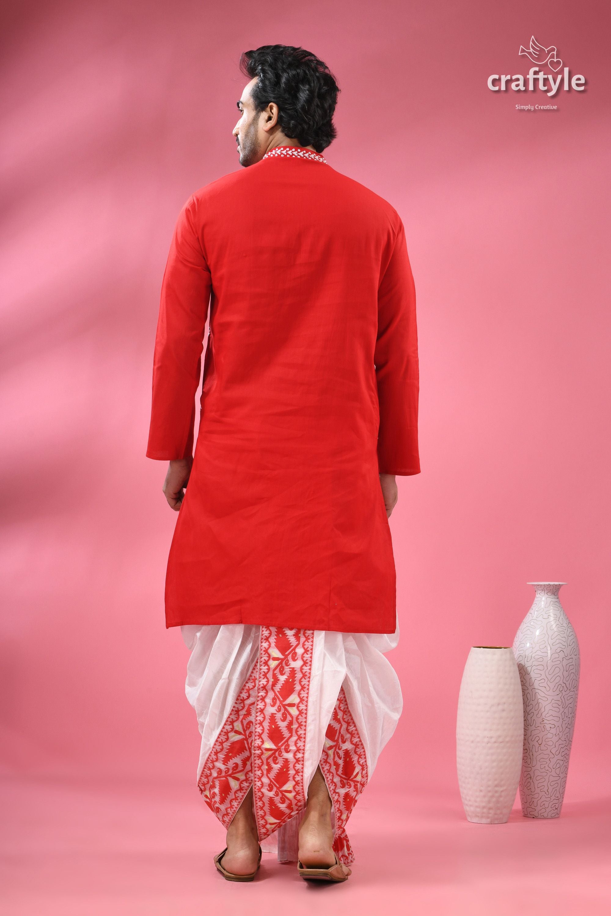 Crimson Red Kantha Stitch Cotton Kurta for Men
