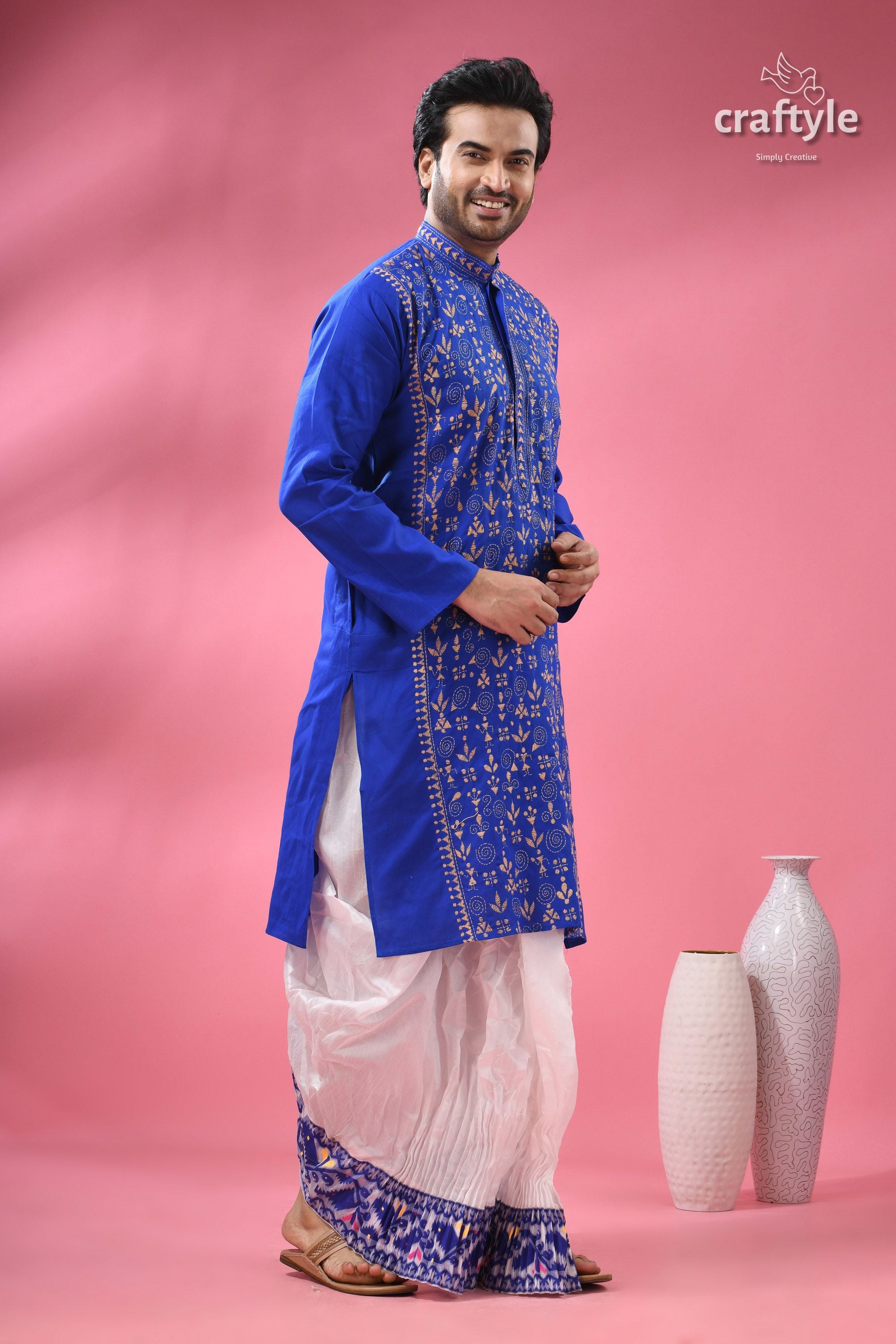 Warli Design Palatinate Blue Mens Cotton Punjabi - Kantha Stitch