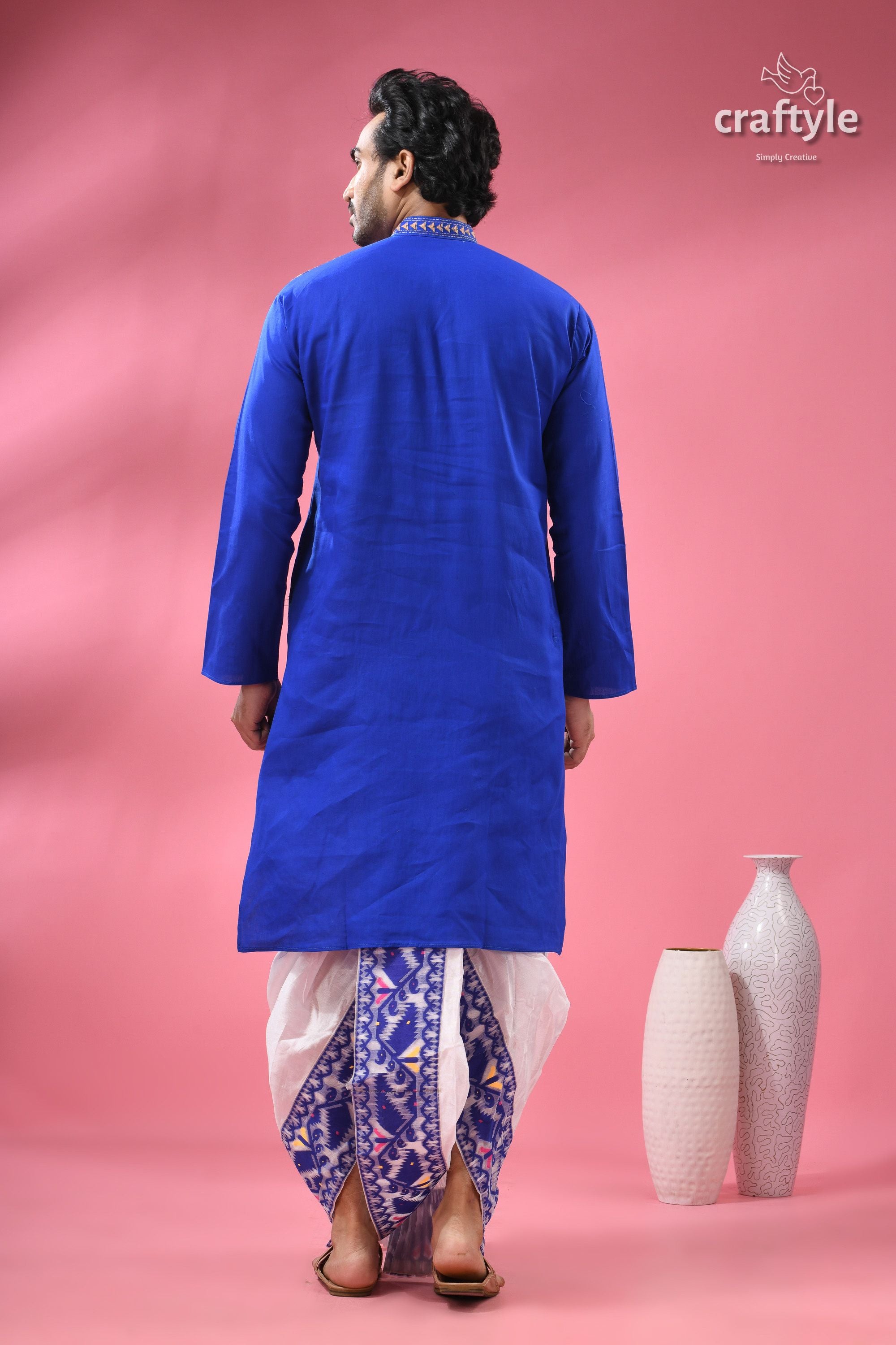 Warli Design Palatinate Blue Mens Cotton Punjabi - Kantha Stitch