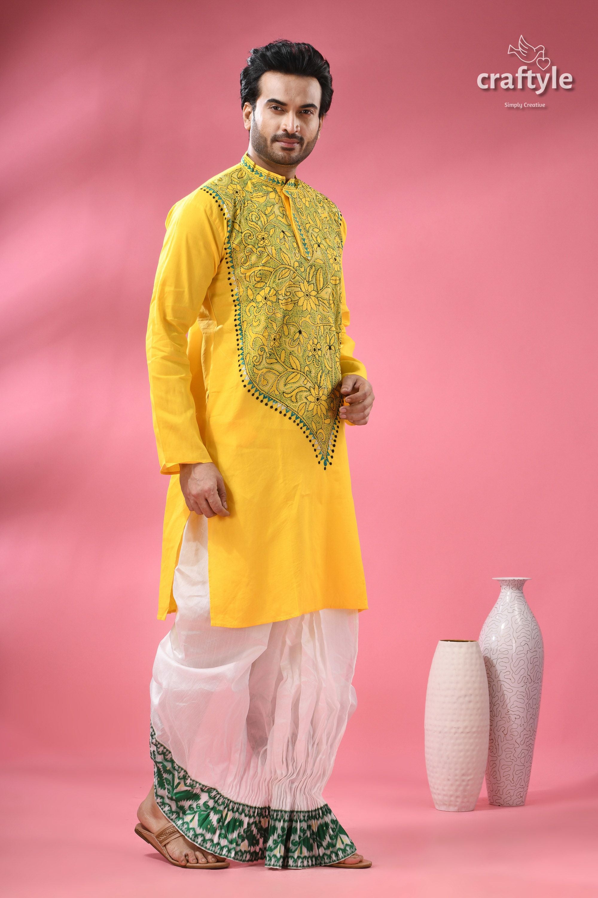Vivid Yellow Kantha Stitch Cotton Kurta for Men