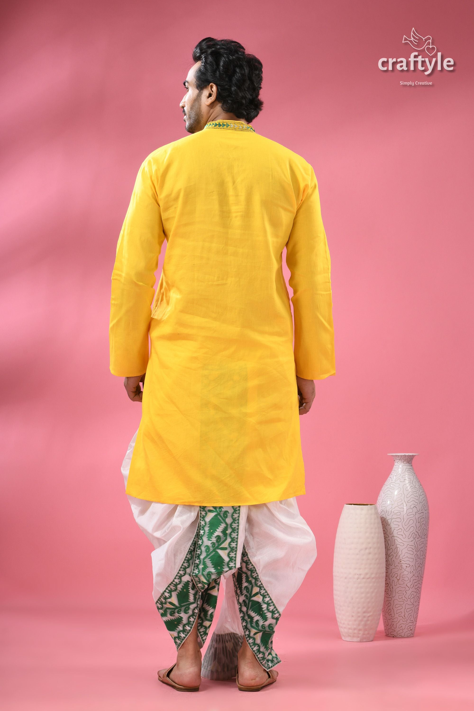 Vivid Yellow Kantha Stitch Cotton Kurta for Men