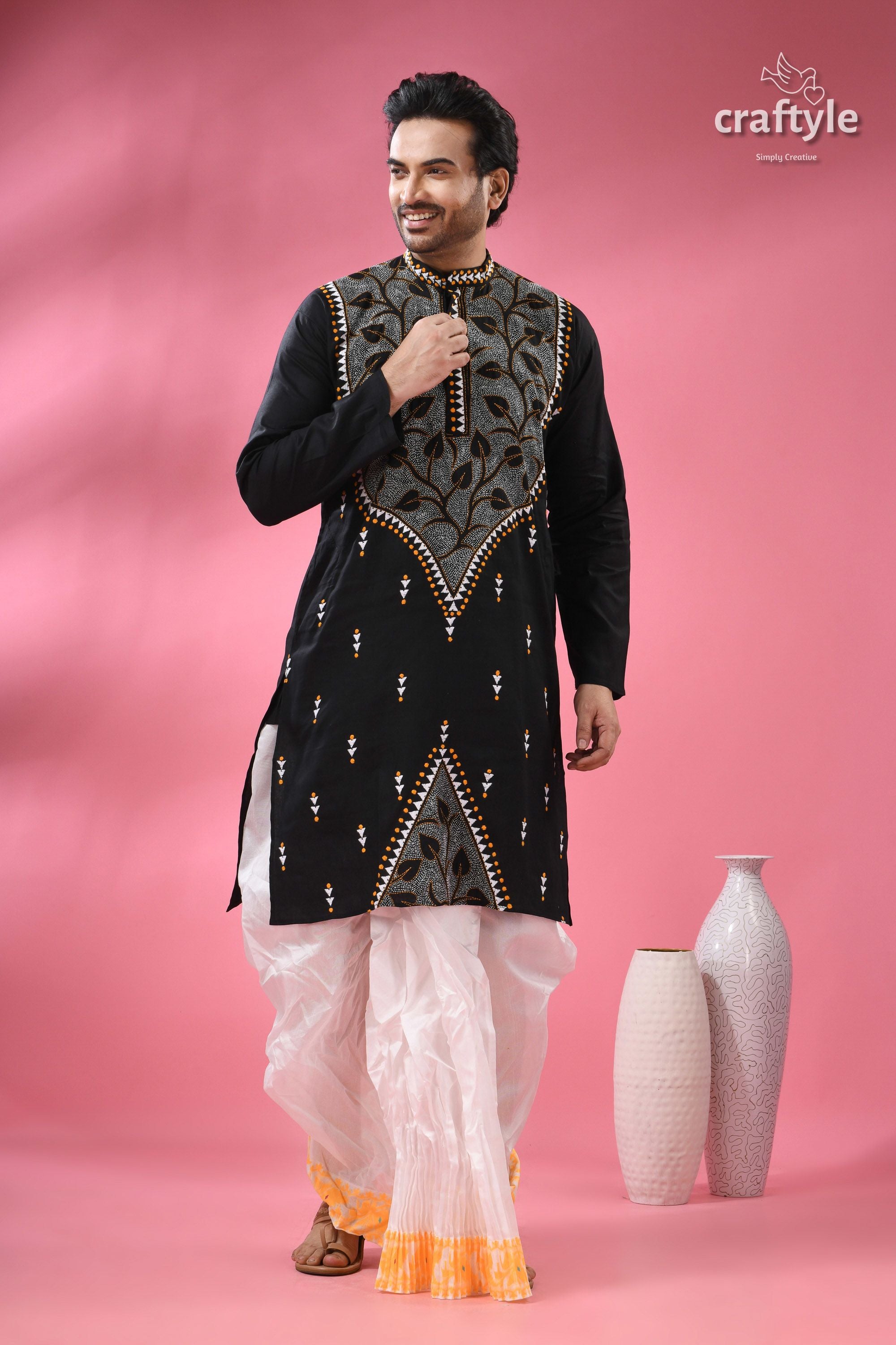 Jade Black Kantha Stitch Ethnic Cotton Kurta for Men