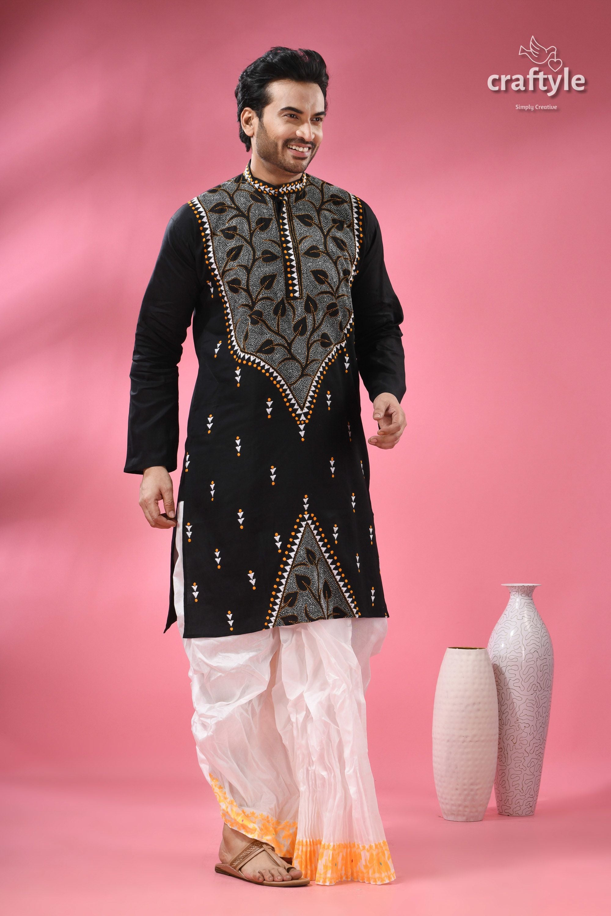Jade Black Kantha Stitch Ethnic Cotton Kurta for Men