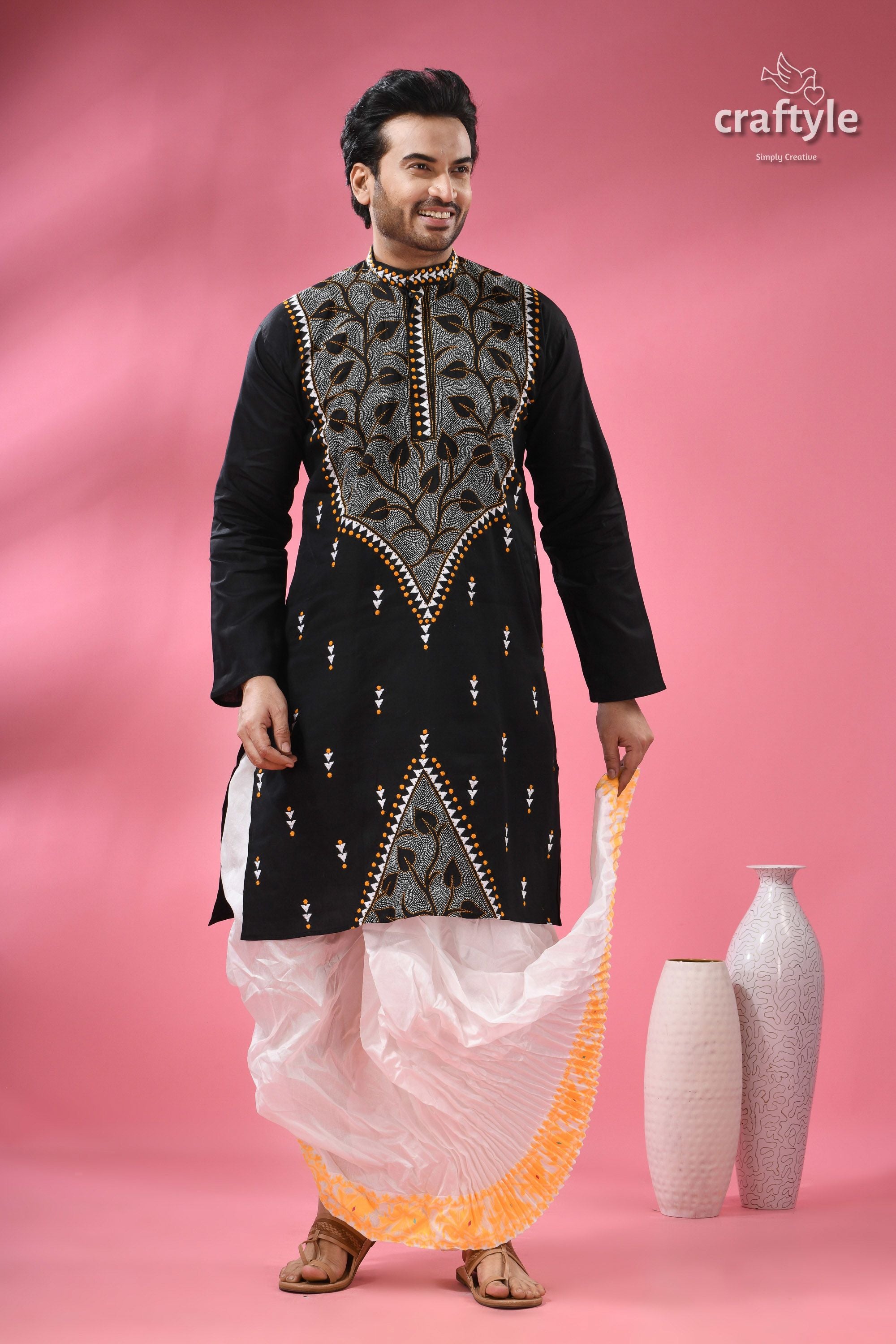 Jade Black Kantha Stitch Ethnic Cotton Kurta for Men