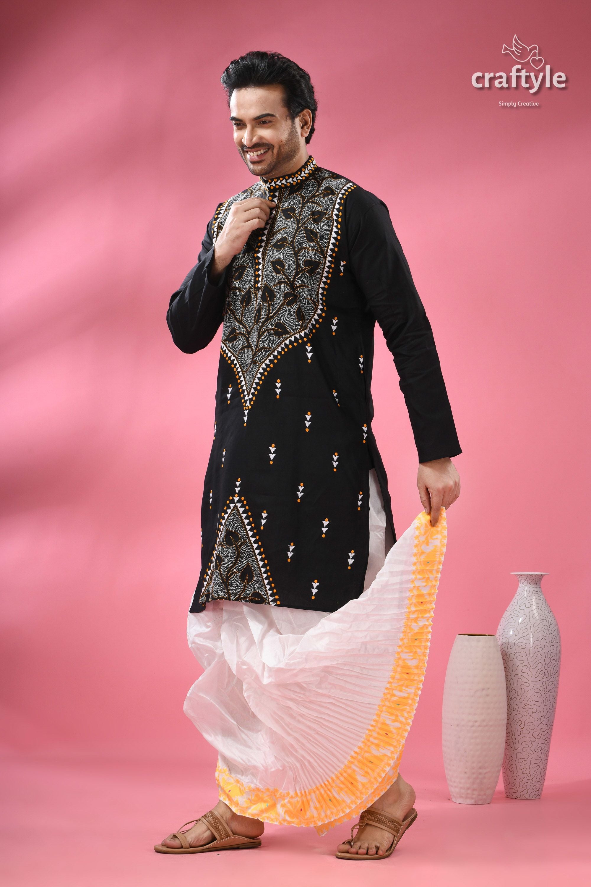 Jade Black Kantha Stitch Ethnic Cotton Kurta for Men