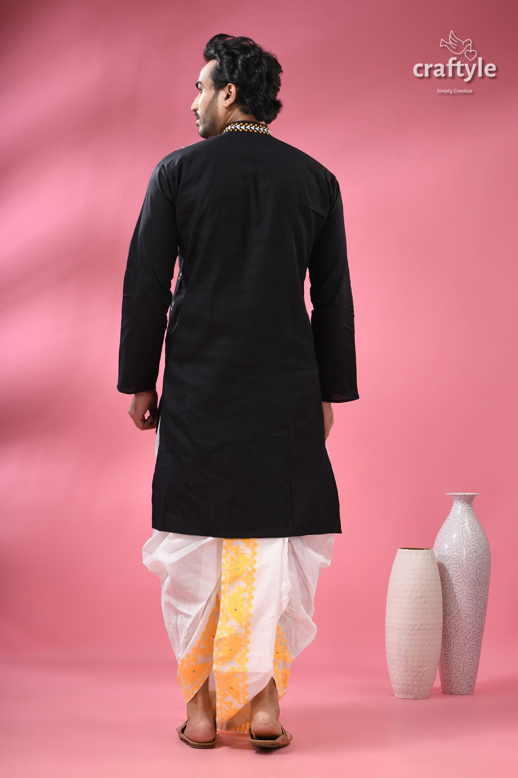 Jade Black Kantha Stitch Ethnic Cotton Kurta for Men