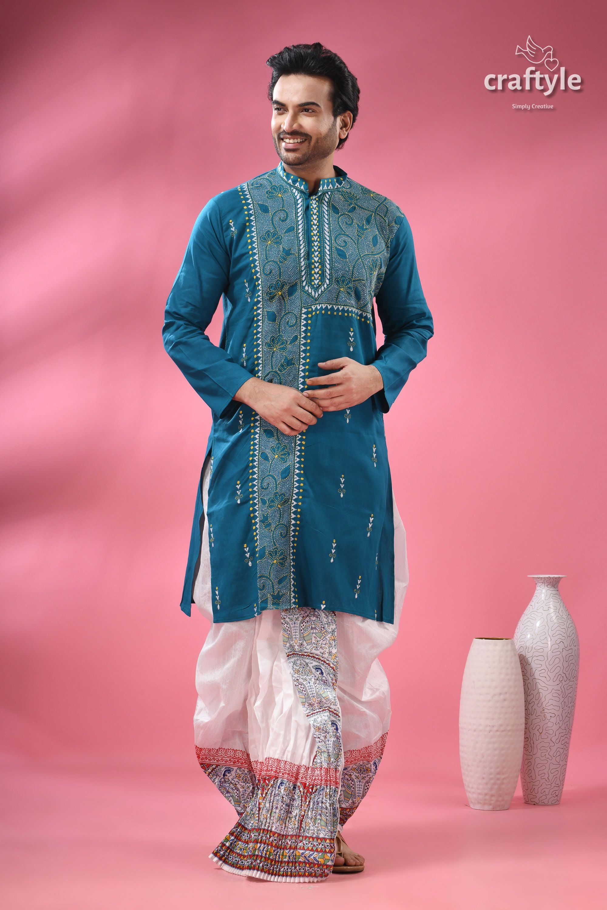 Teal Blue Cotton Kantha Stitch Kurta for Men