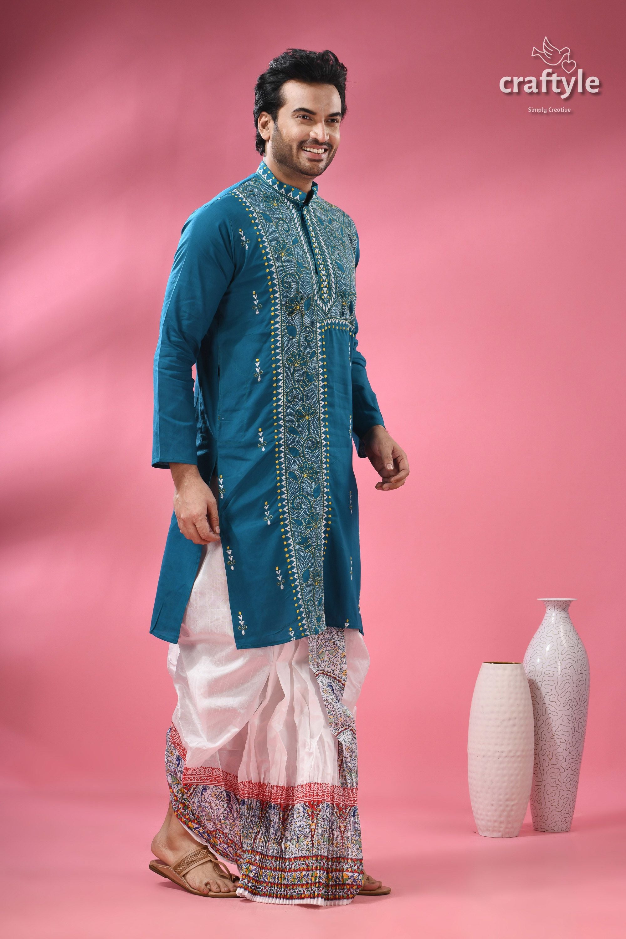 Teal Blue Cotton Kantha Stitch Kurta for Men