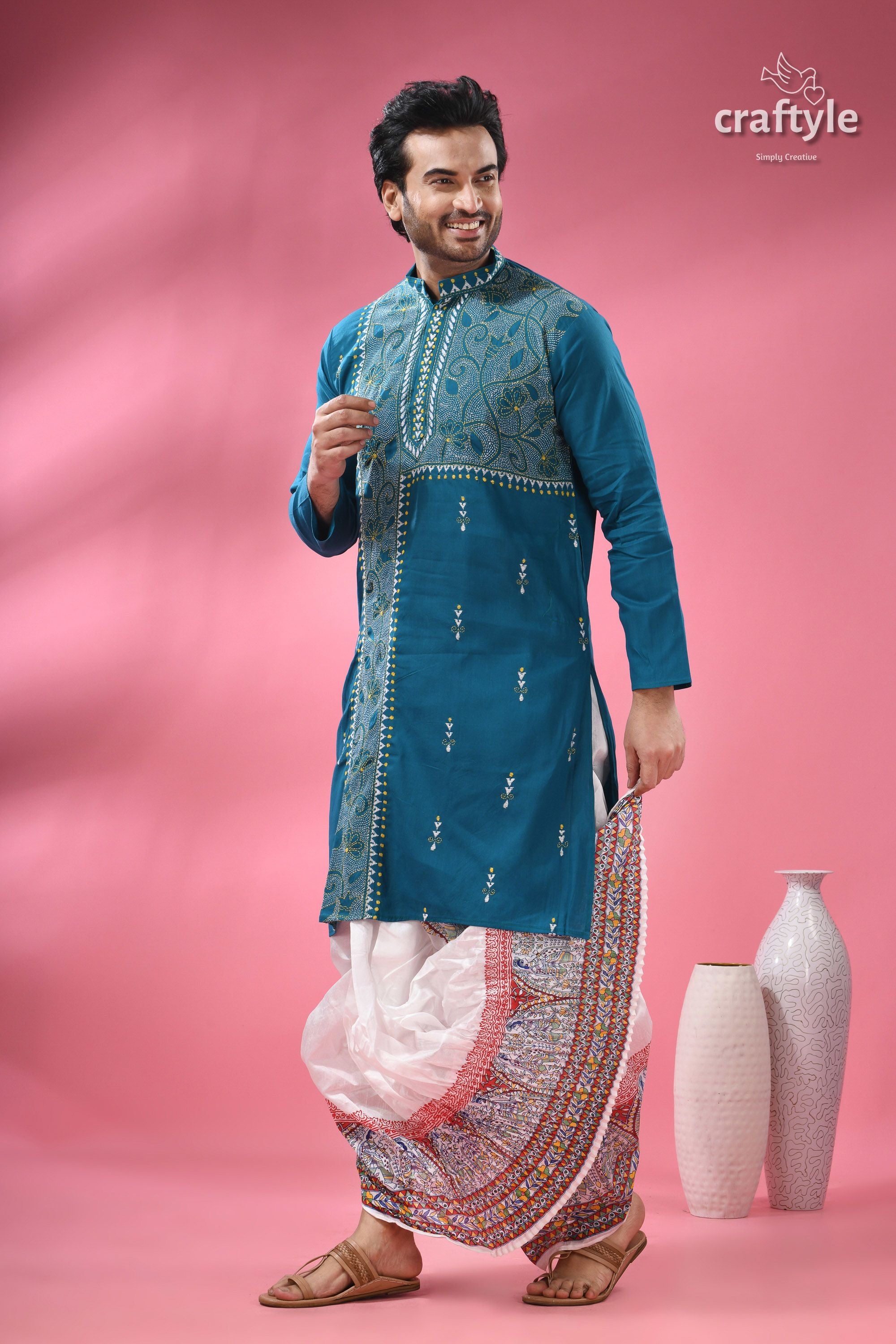 Teal Blue Cotton Kantha Stitch Kurta for Men