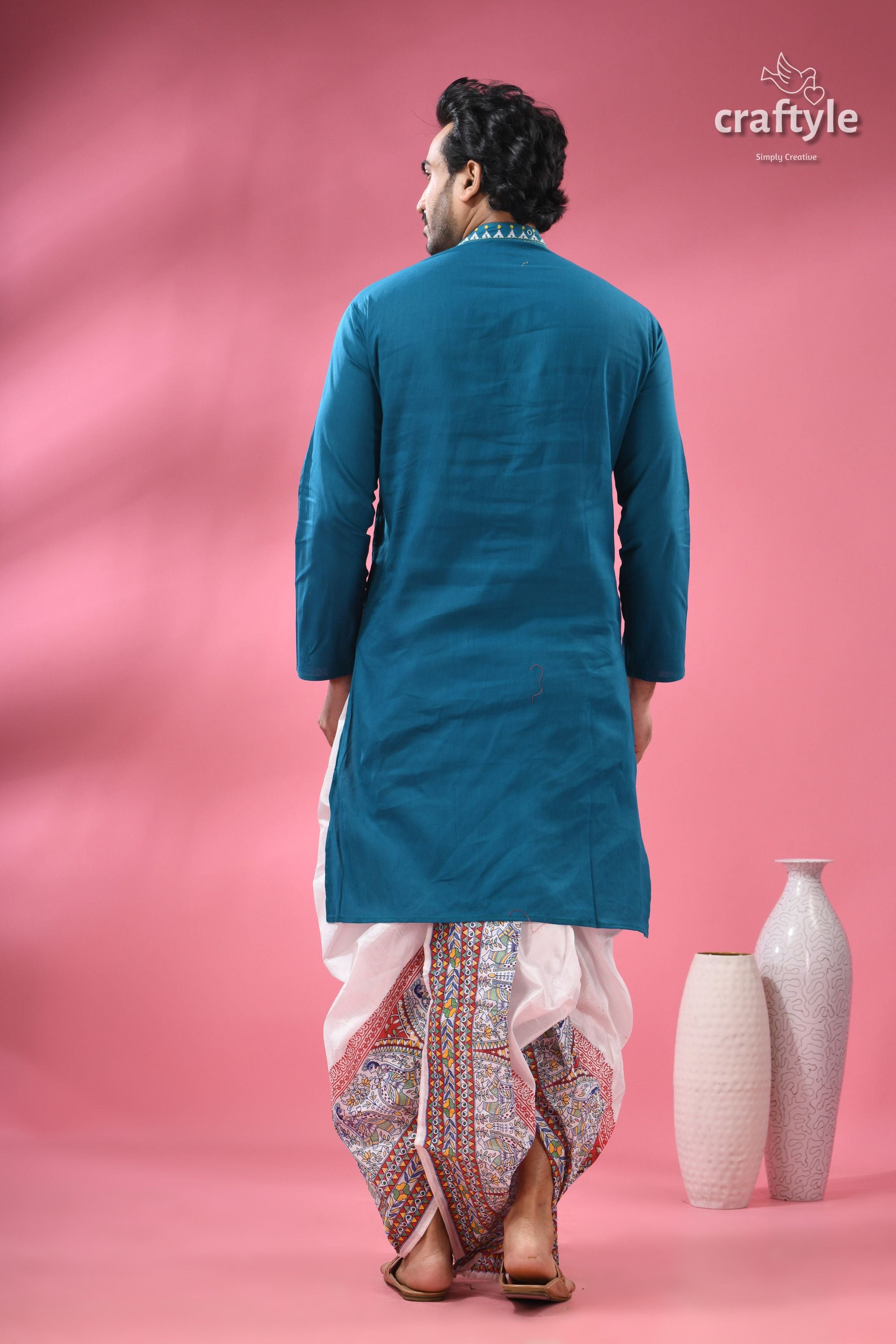 Teal Blue Cotton Kantha Stitch Kurta for Men