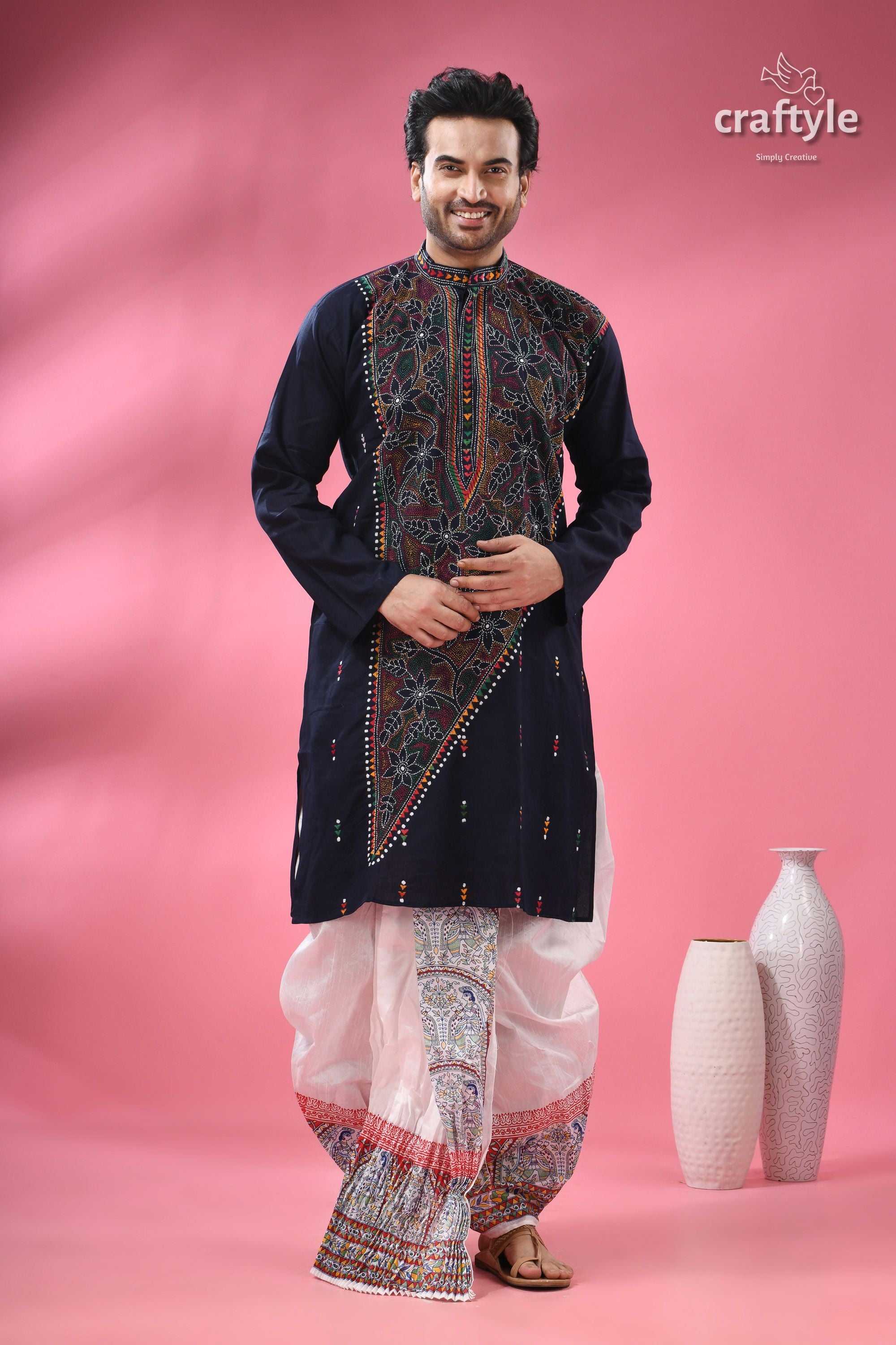 Oxford Blue Multicolor Kantha Hand Embroidered Gents Kurta