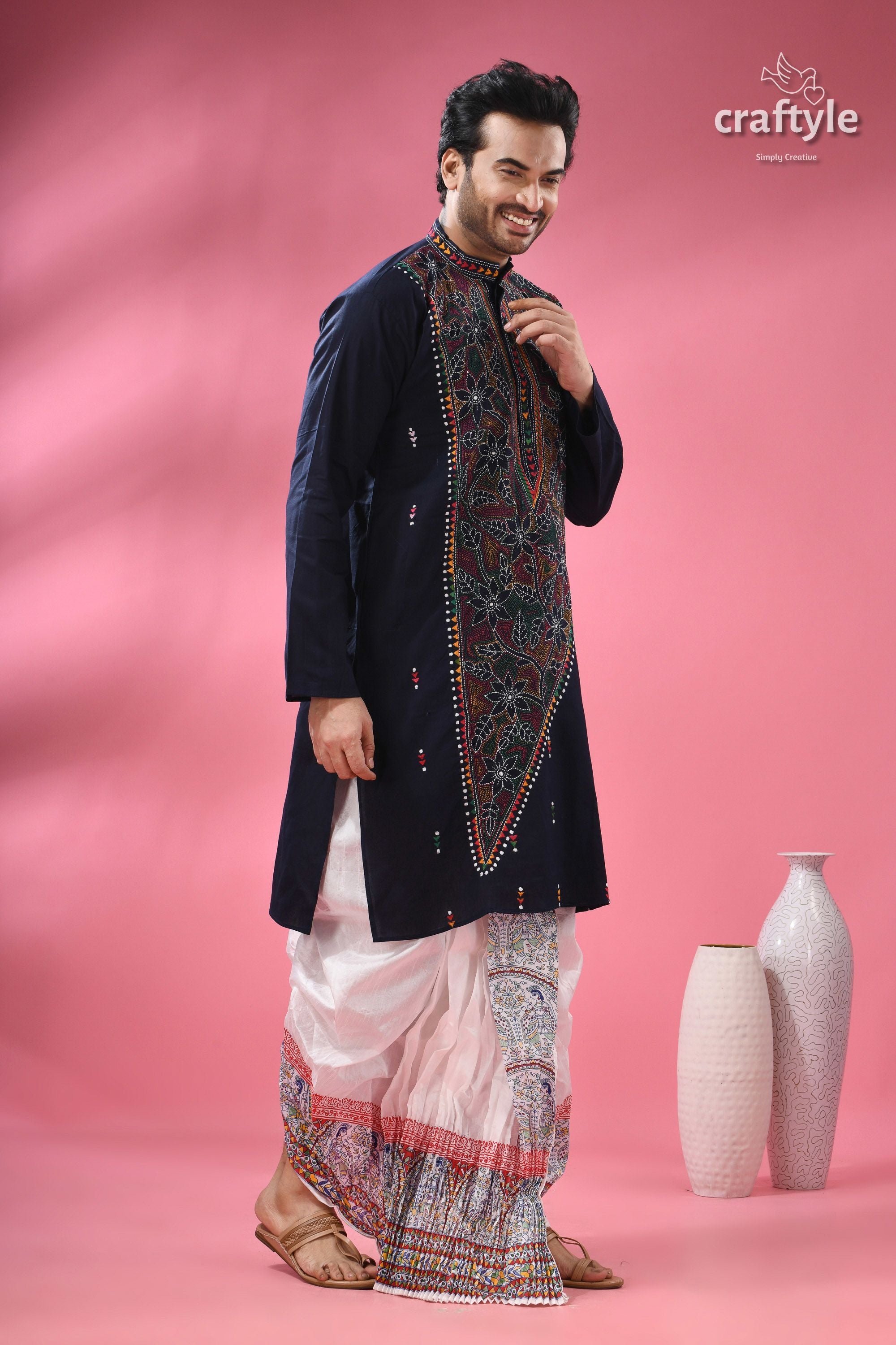 Oxford Blue Multicolor Kantha Hand Embroidered Gents Kurta