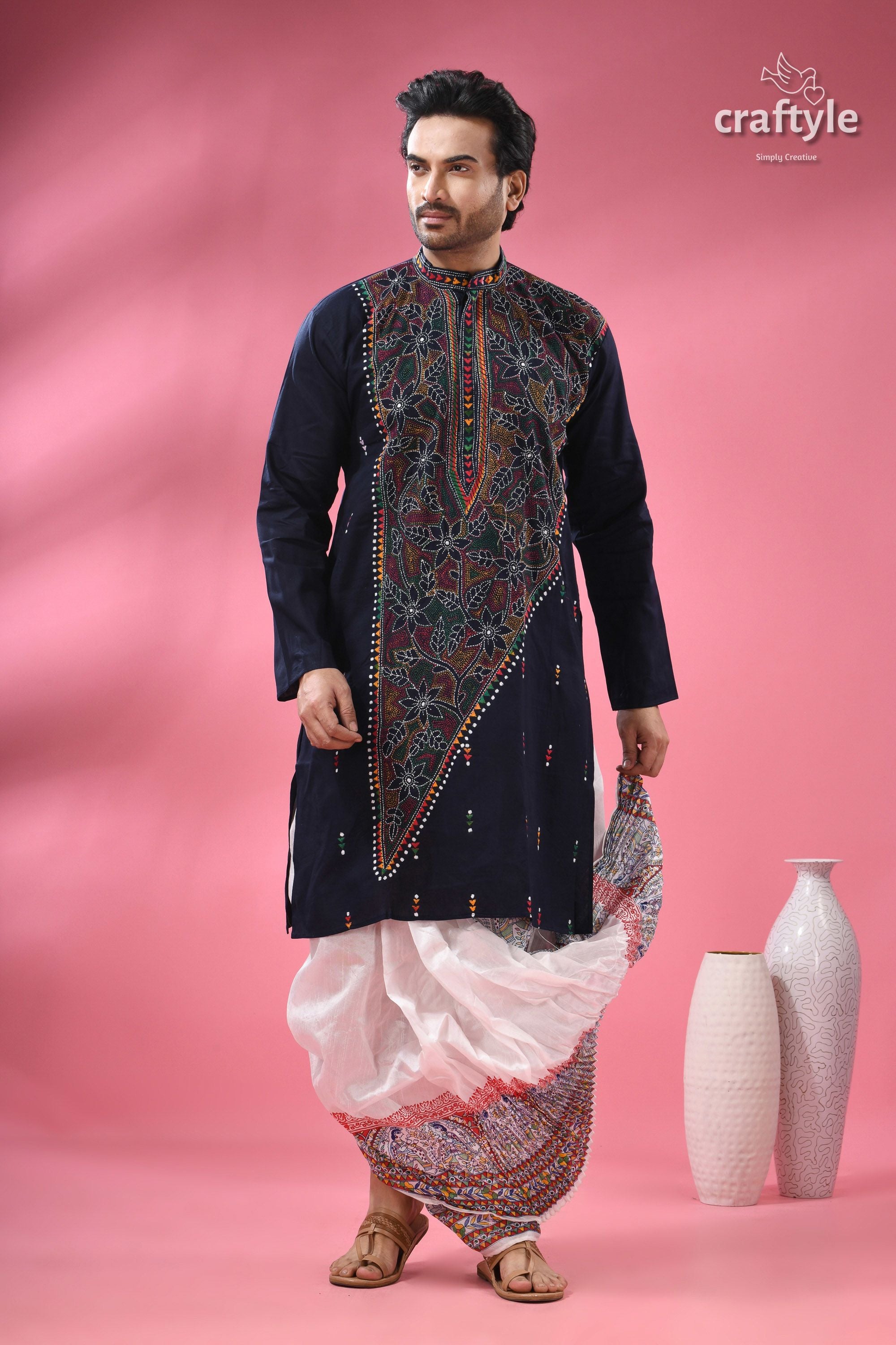 Oxford Blue Multicolor Kantha Hand Embroidered Gents Kurta