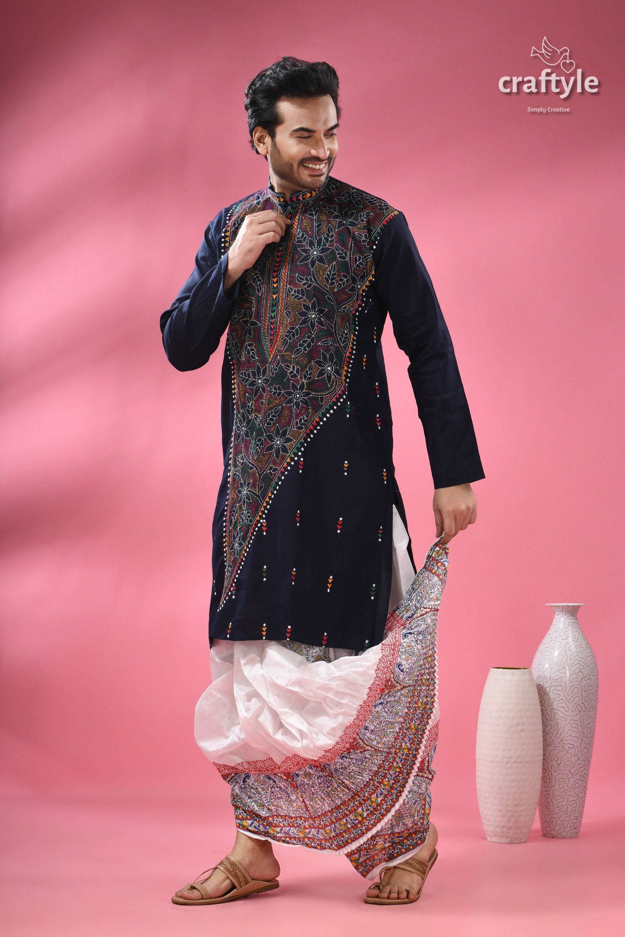 Oxford Blue Multicolor Kantha Hand Embroidered Gents Kurta