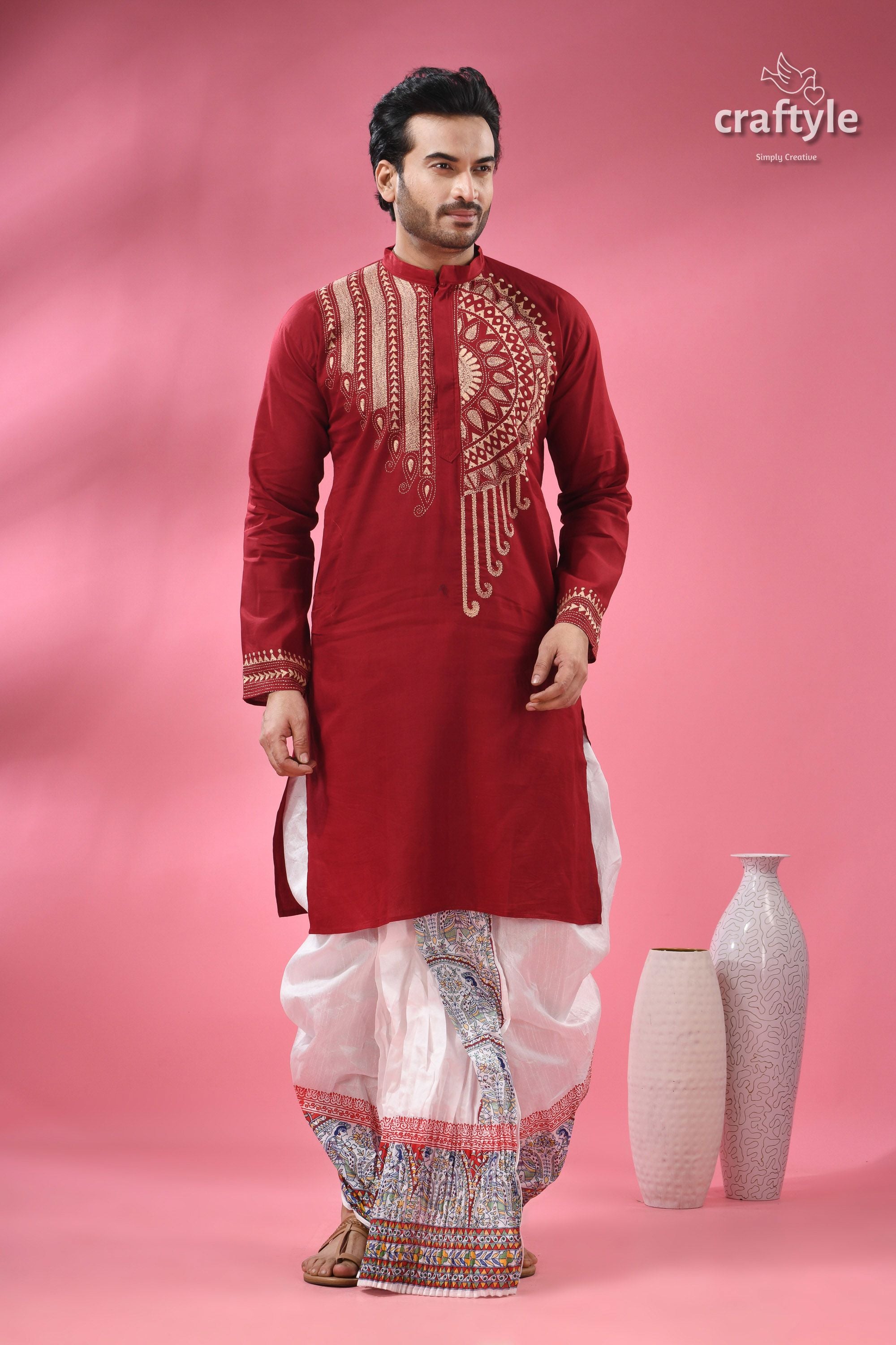 Paprika Red Beige Thread Work Kantha Cotton Punjabi for Men