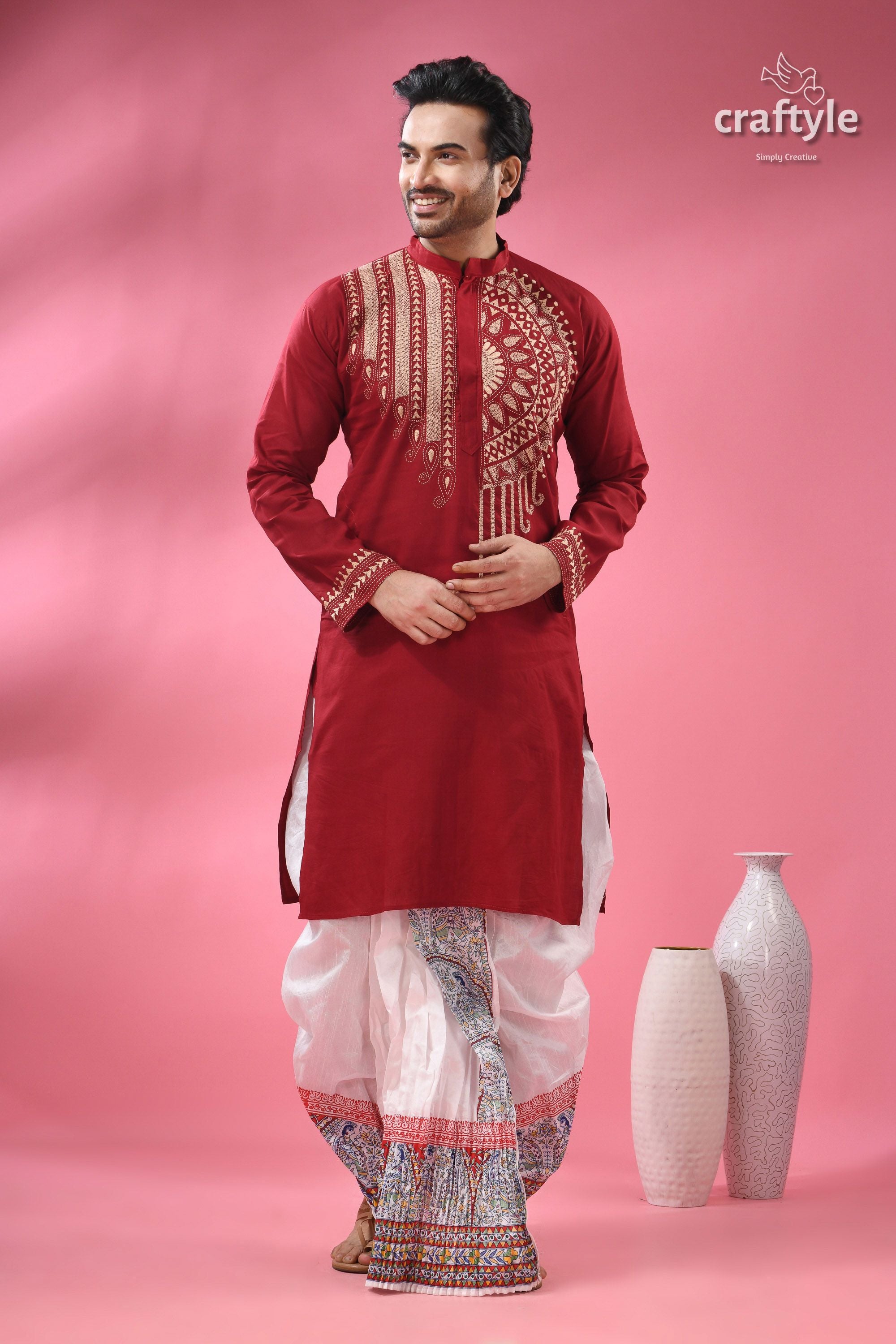 Paprika Red Beige Thread Work Kantha Cotton Punjabi for Men
