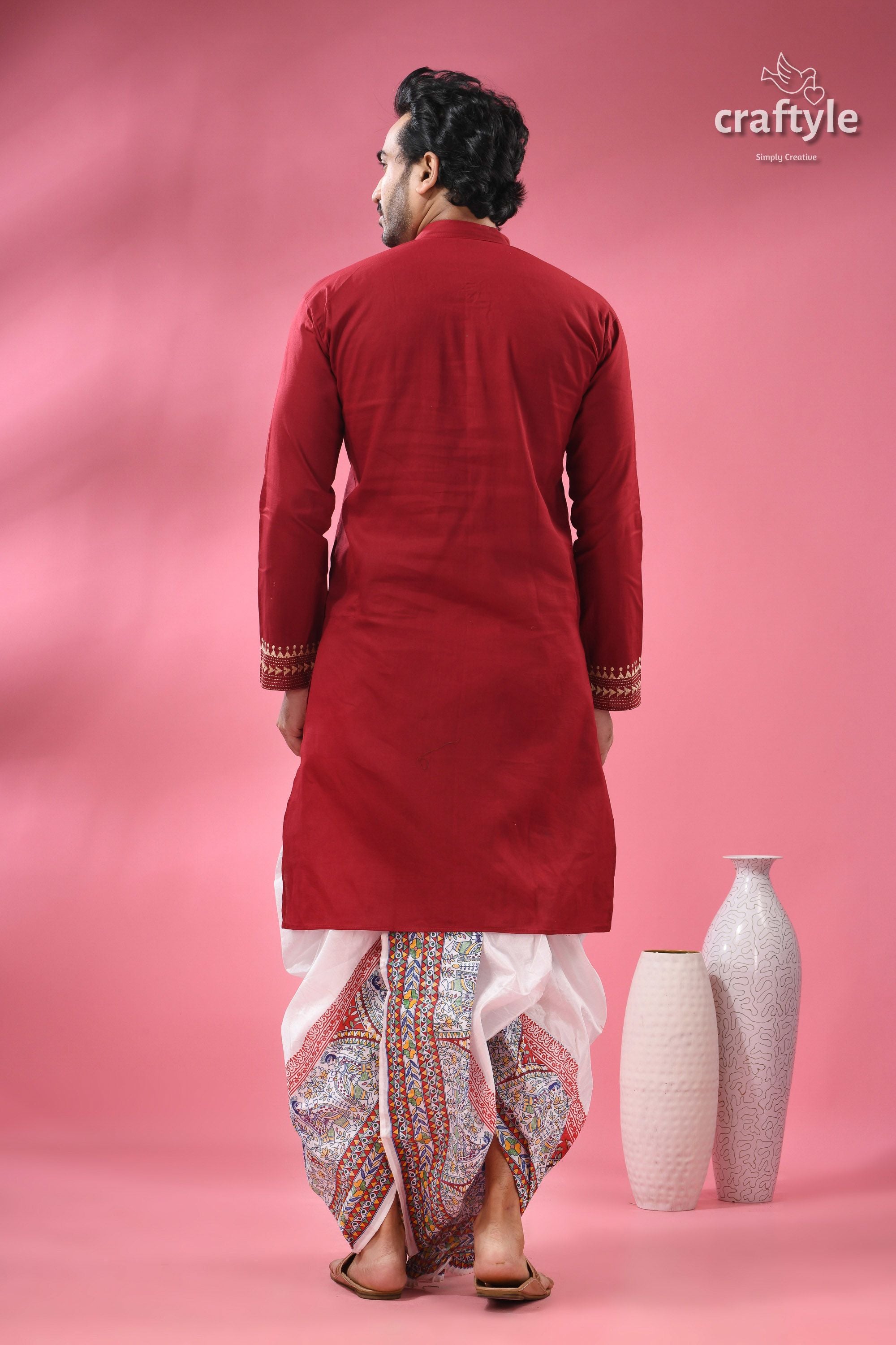 Paprika Red Beige Thread Work Kantha Cotton Punjabi for Men