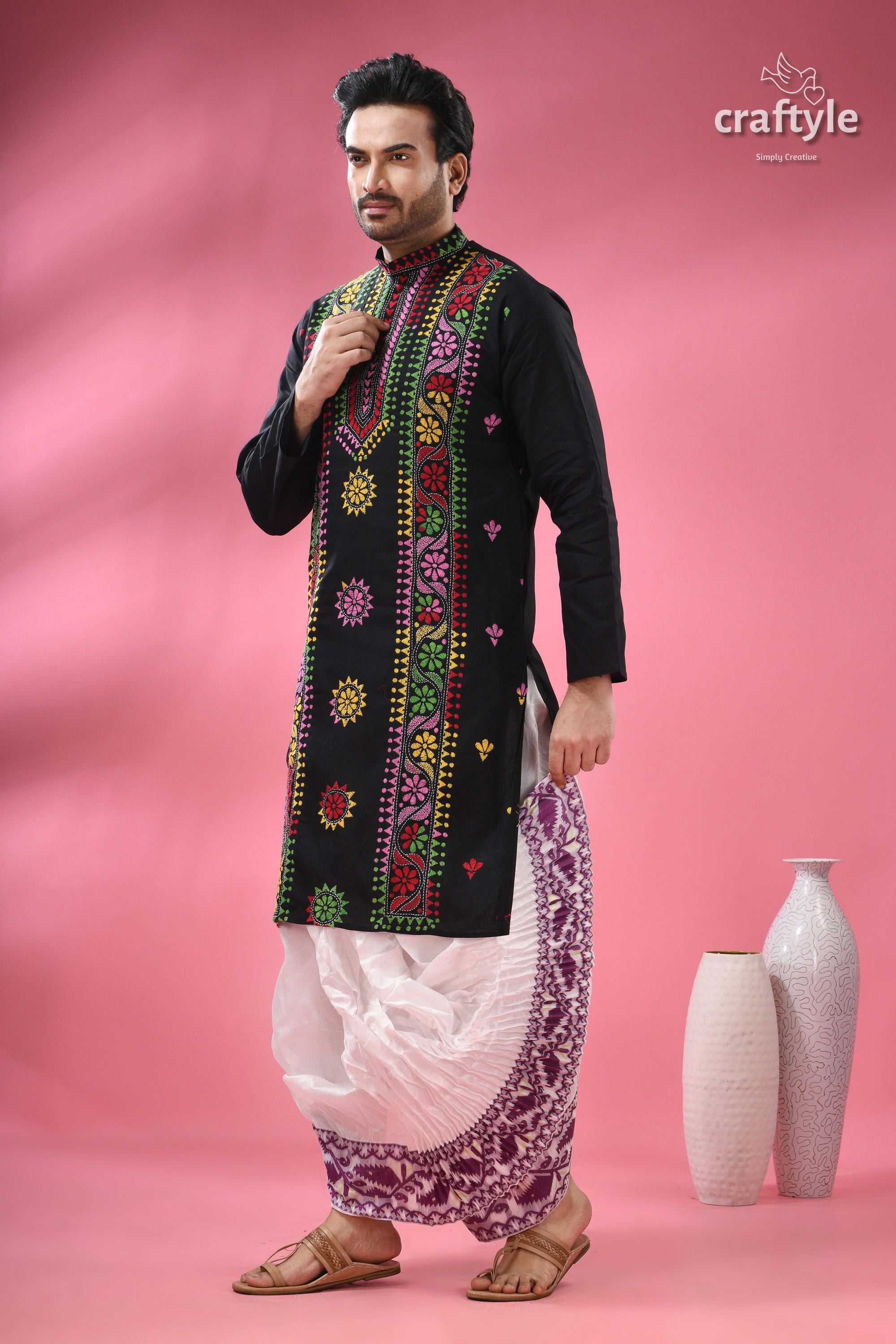 Ebony Black Multicolor Thread Kantha Men&