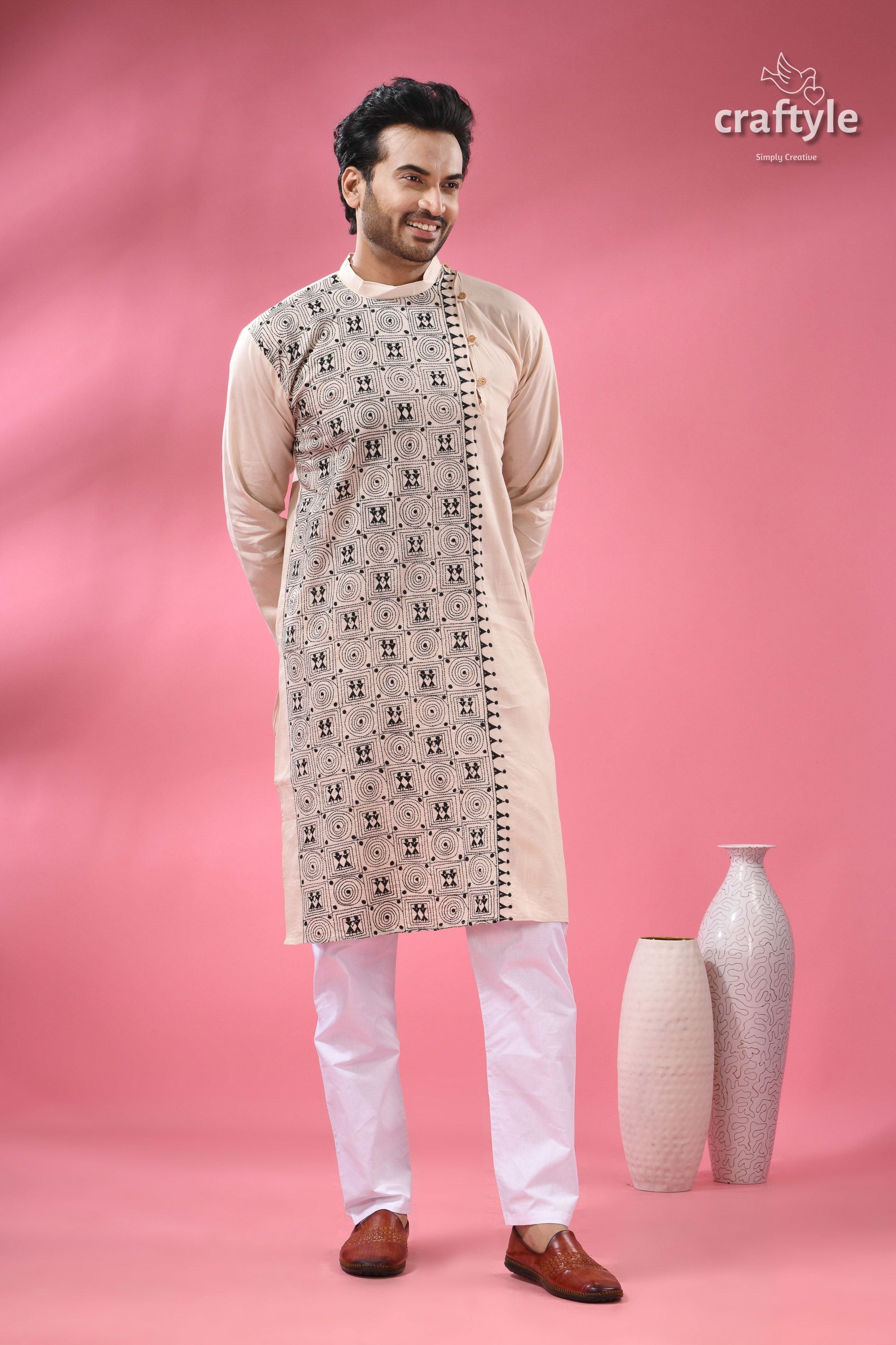 Orchid White Black Thread Hand Kantha Work Men&