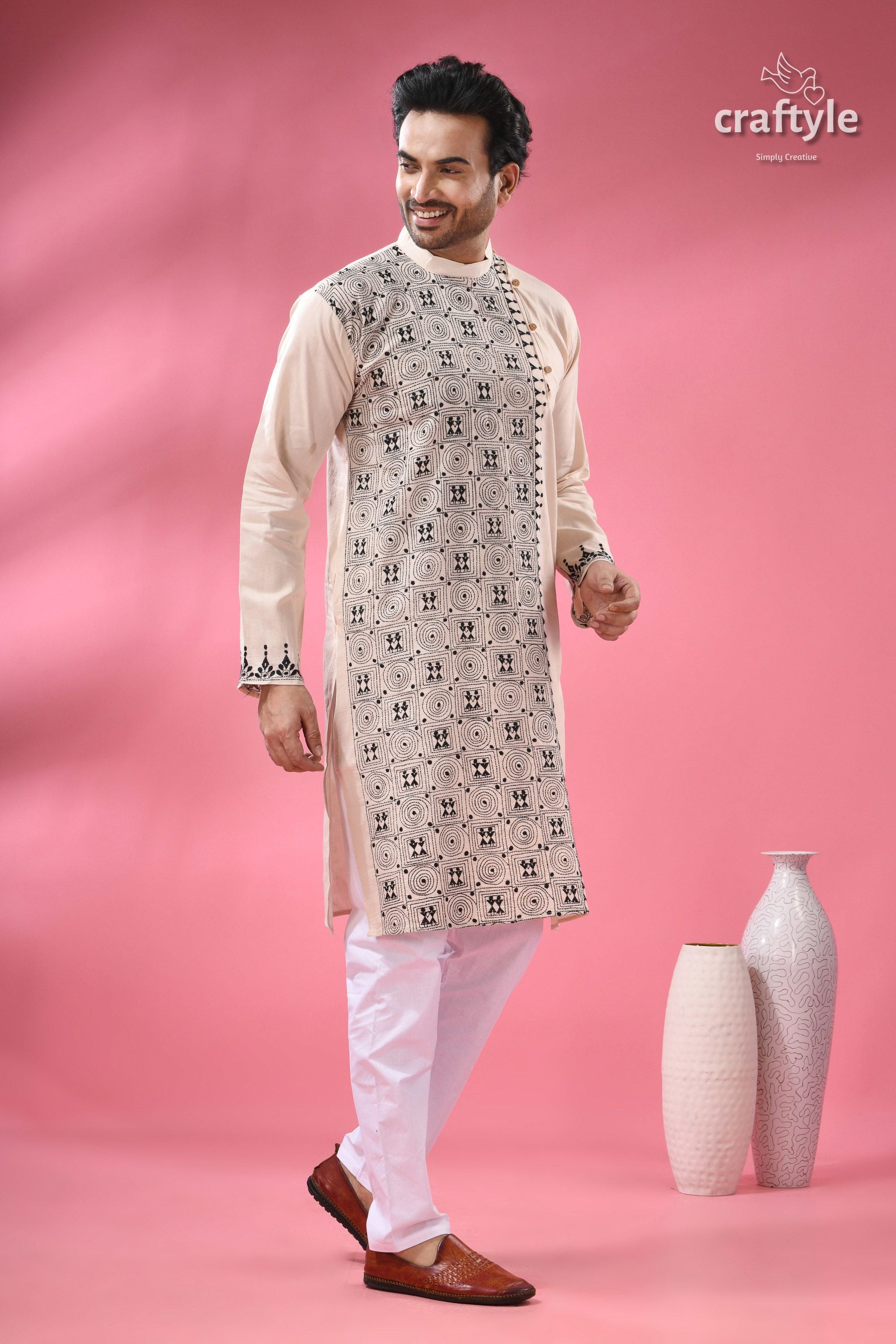 Orchid White Black Thread Hand Kantha Work Men&