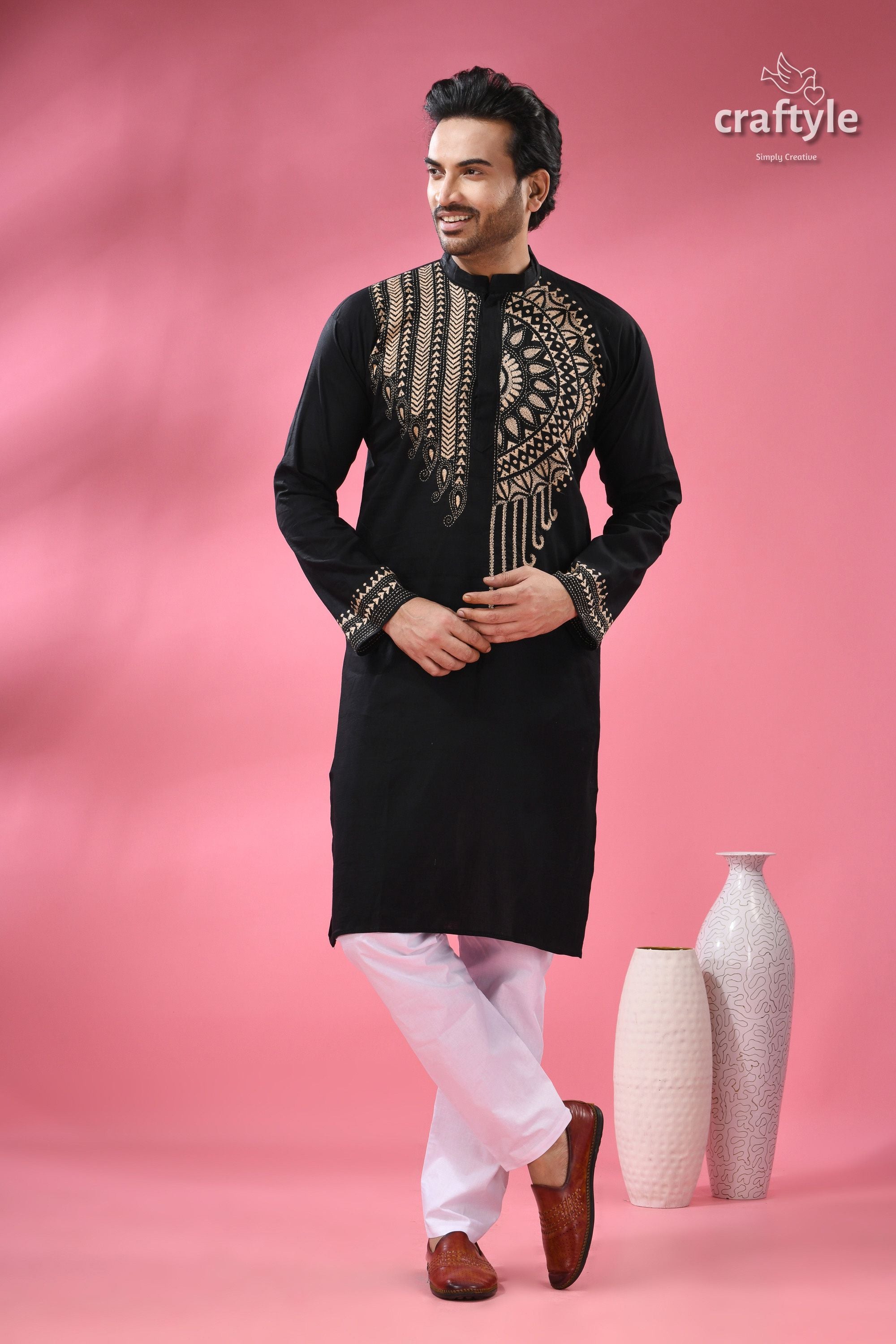Beige Thread Work Black Kantha Stitch Cotton Kurta for Men