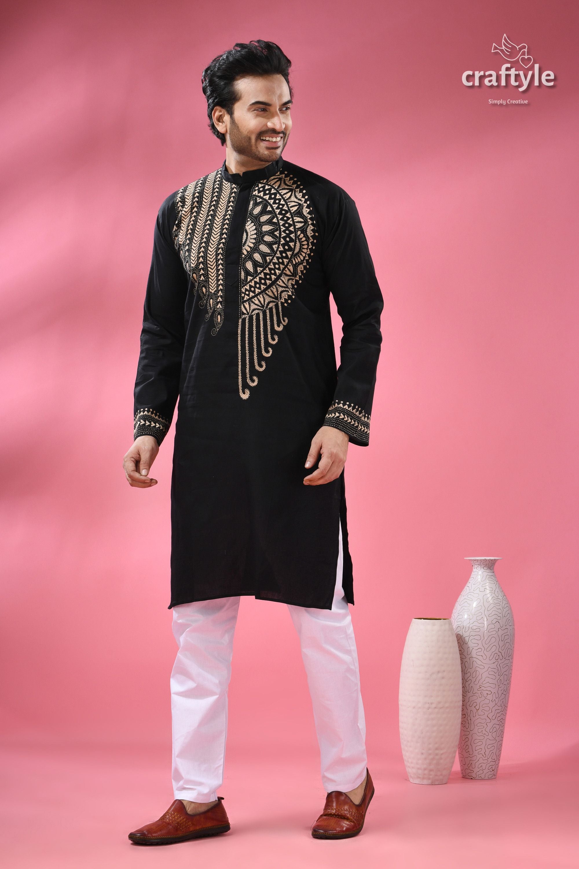 Beige Thread Work Black Kantha Stitch Cotton Kurta for Men