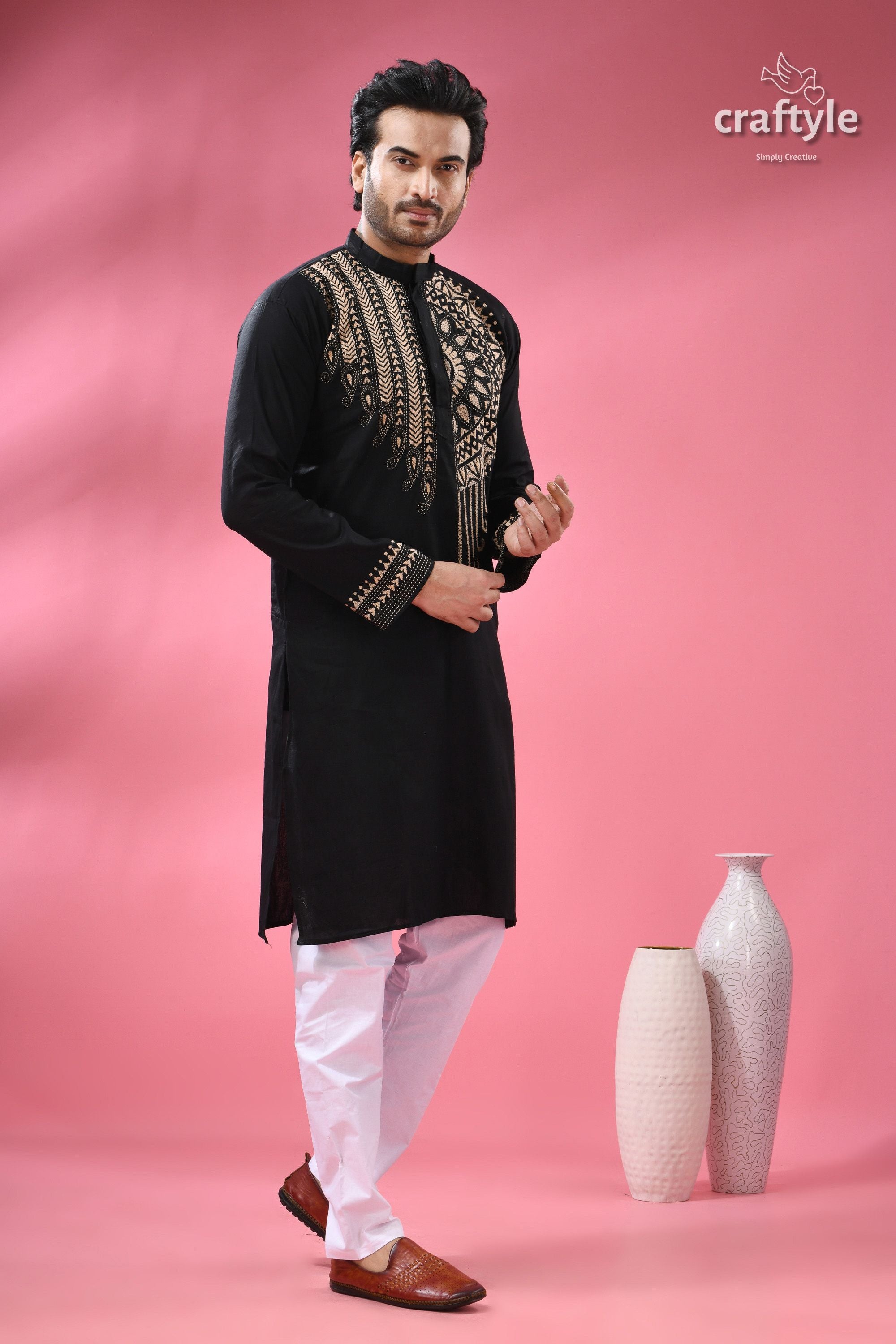 Beige Thread Work Black Kantha Stitch Cotton Kurta for Men