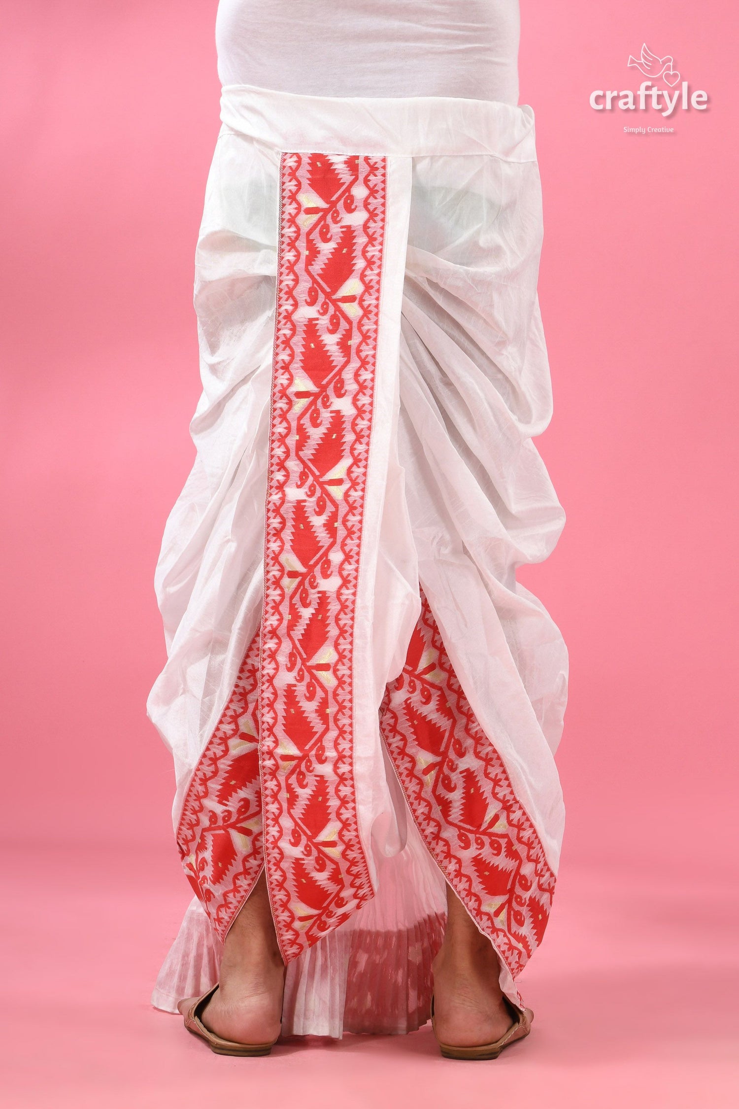 Red Jamdani Border Mayur Puccha Silk Dhoti - Ready to Wear