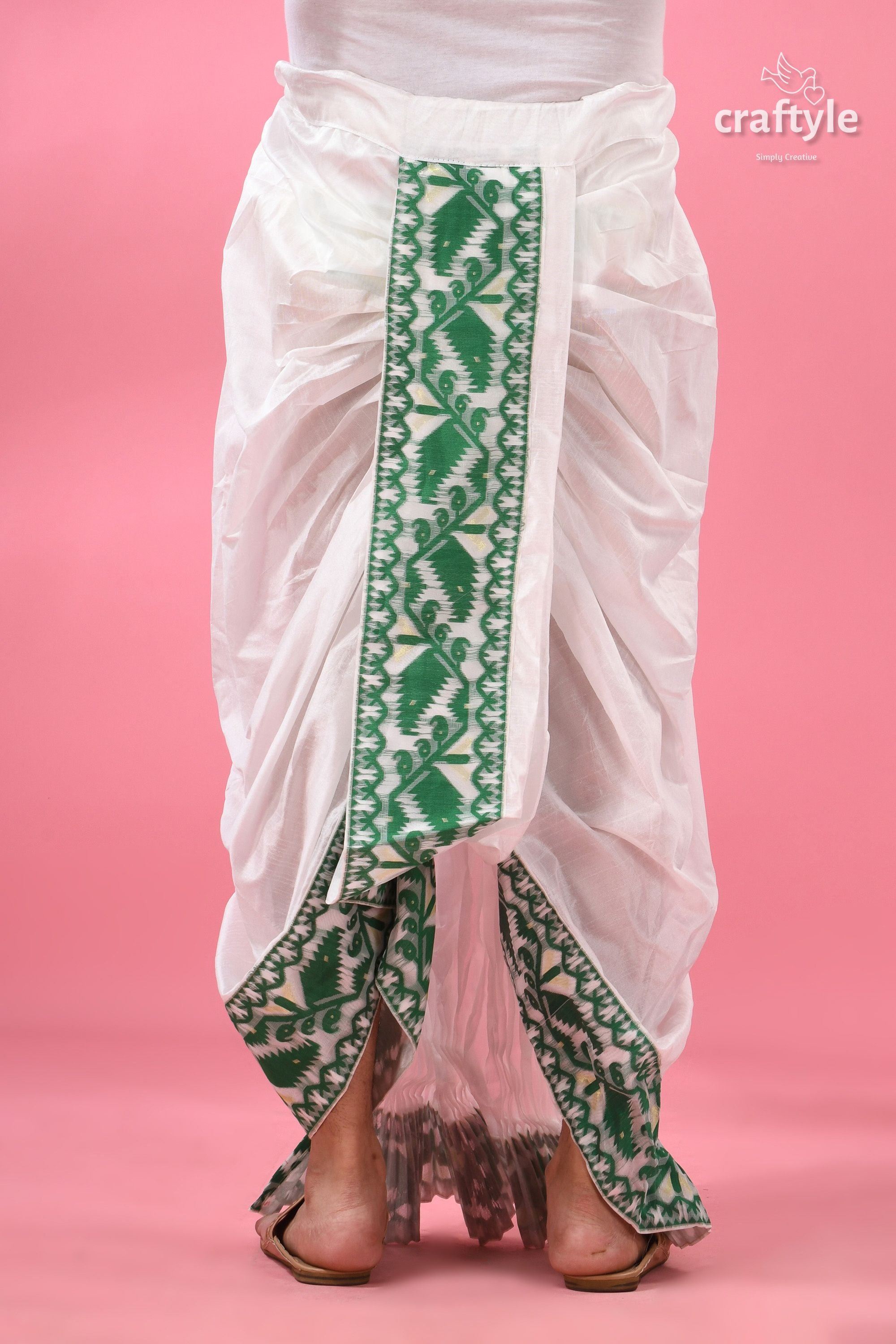 Green Jamdani Border Mayur Puccha Silk Dhoti - Ready to Wear