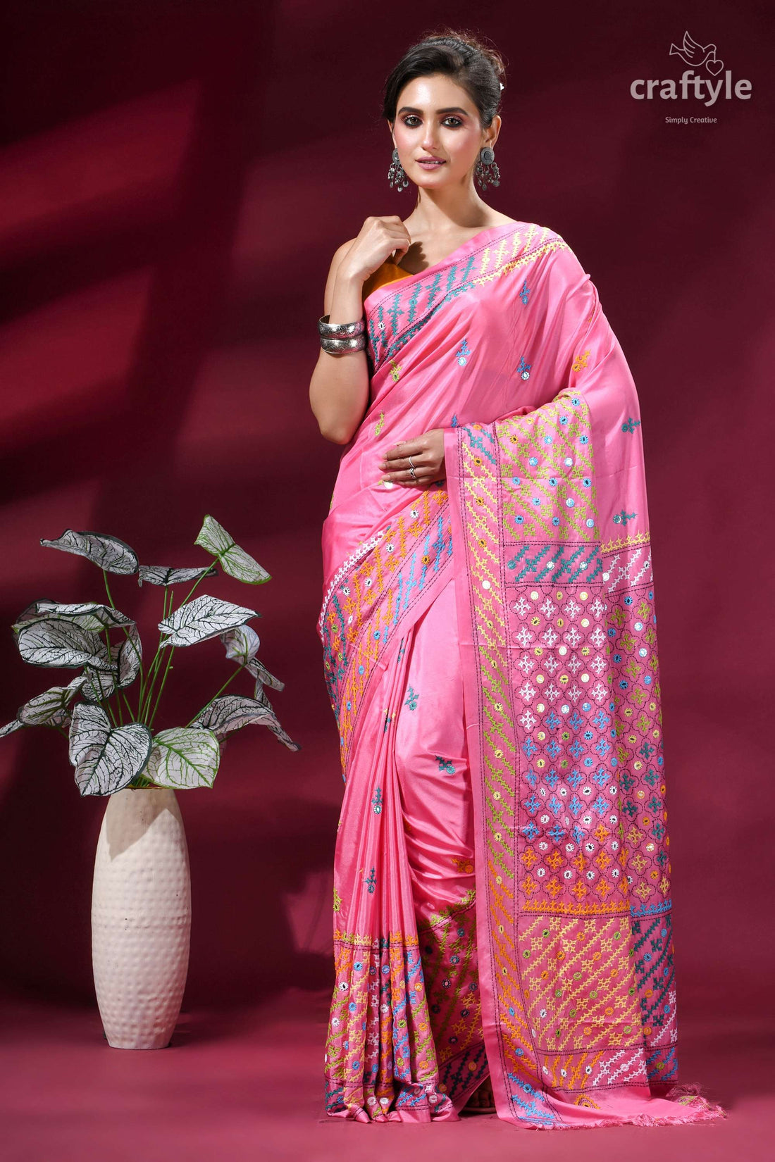 Rose Pink Intricate Gujrati Stitched Silk Saree with Mirror Work