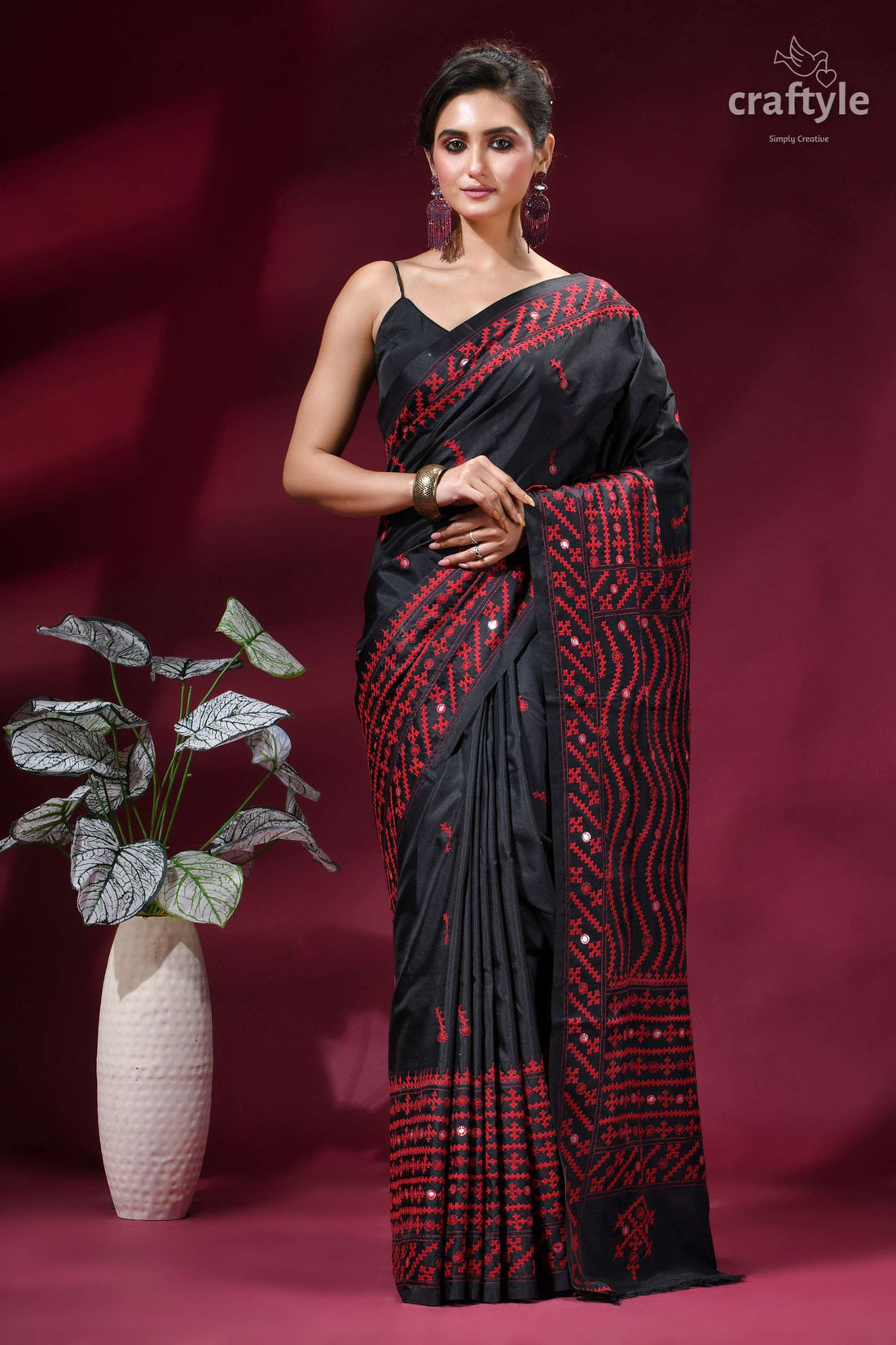 Red Thread Kutch Embroidery Silk Saree in Pitch Black - Mirror Work