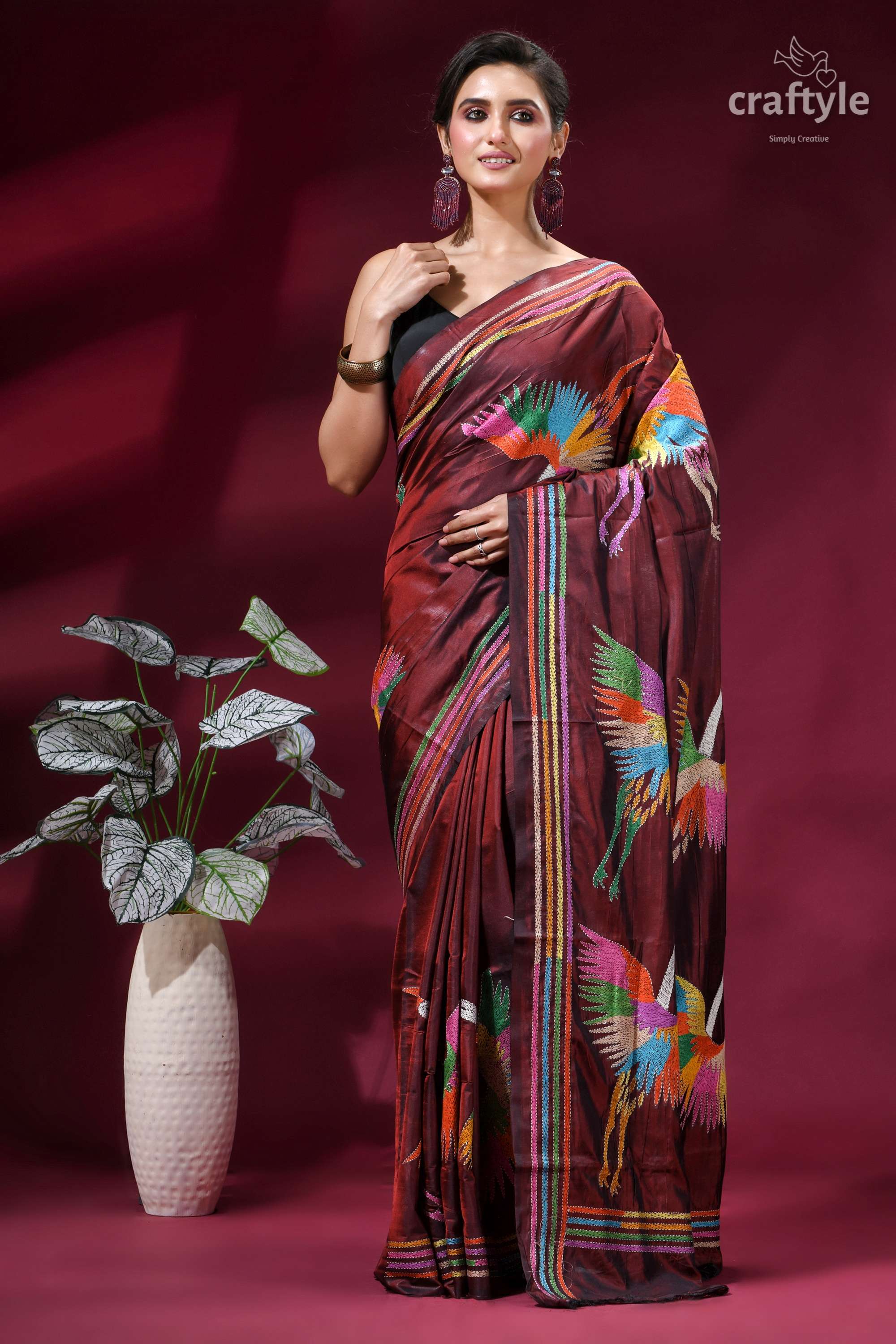 Wine Color Multicolor Heron Design Silk Kantha Stitch Saree