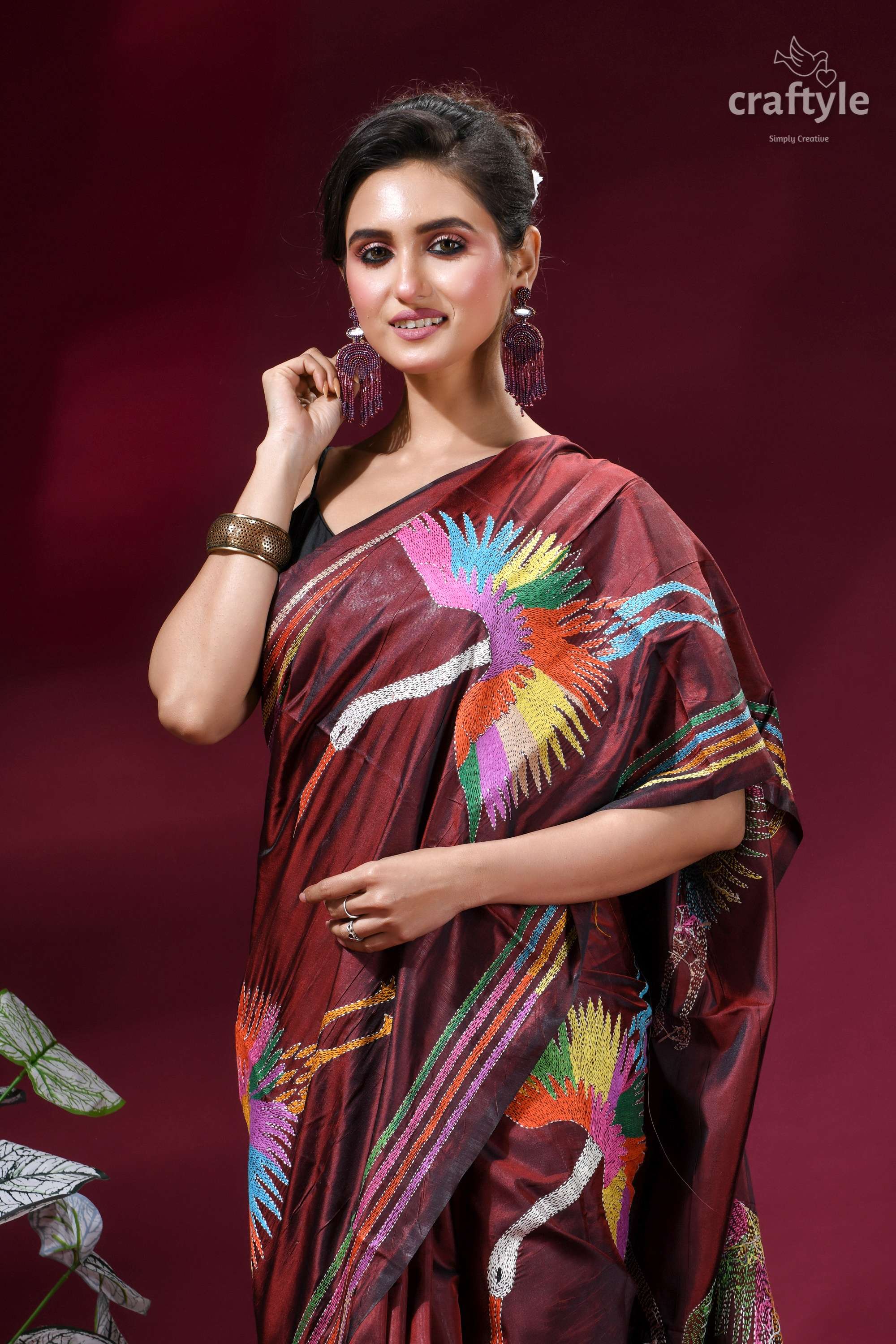 Wine Color Multicolor Heron Design Silk Kantha Stitch Saree